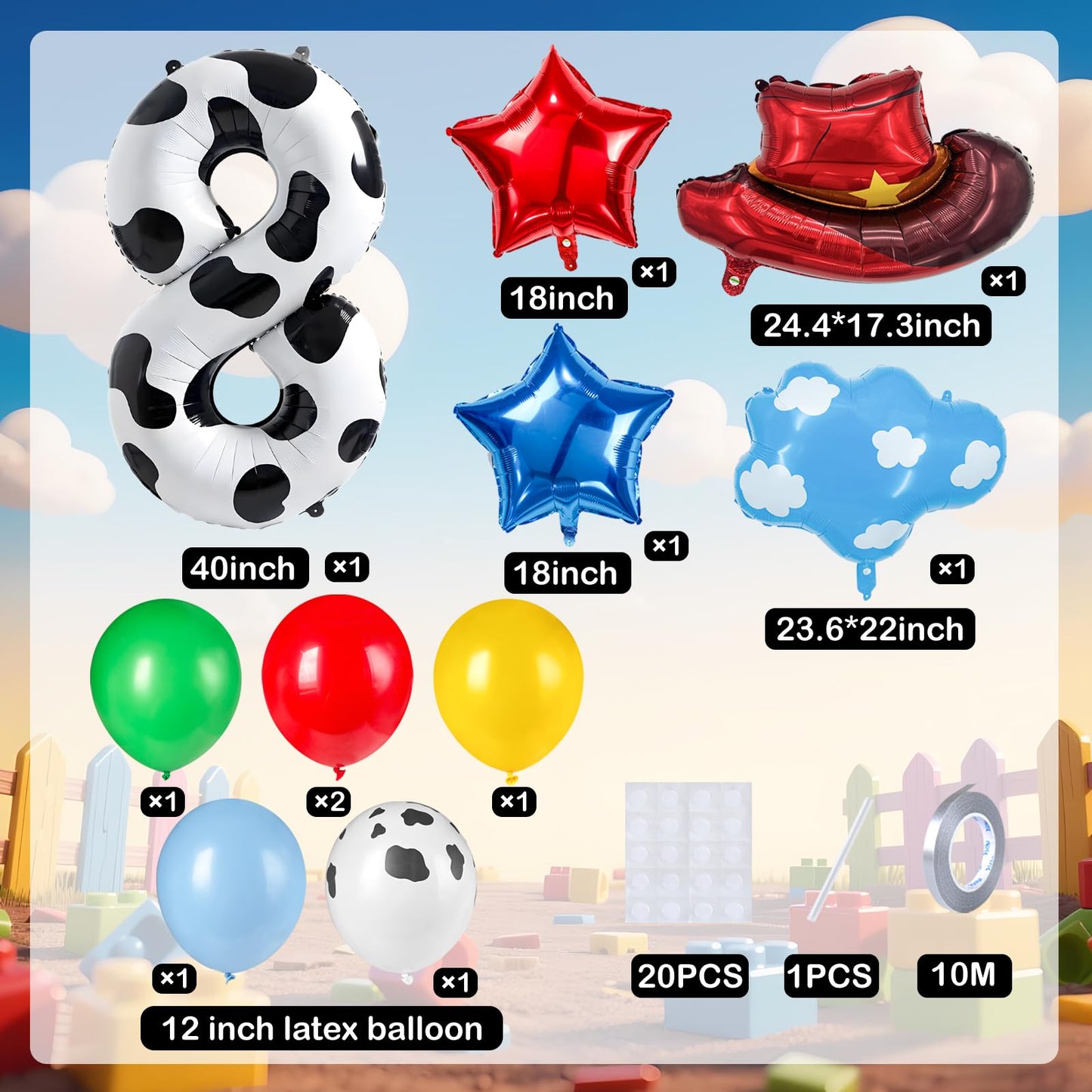 11-Pack Cowboy Theme Balloon Set, Farm Theme Decorations, Balloons with Hats and Clouds, Boys and Girls Birthday Party Supplies (1) BST202