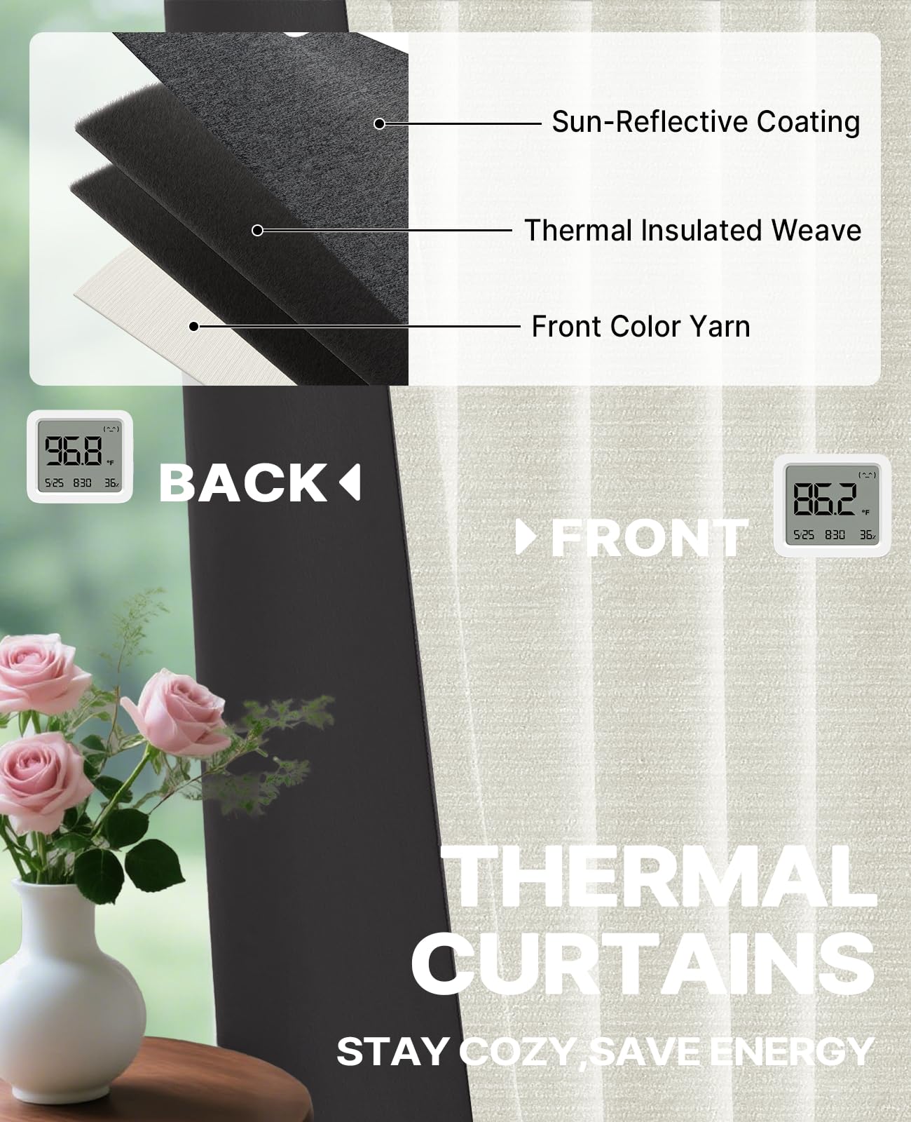 Beige Blackout Chenille Curtains 52x90 Inch - Thermal Insulated Room Darkening Drapes with Grommet, Ultra Soft Wrinkle Resistant Noise Reducing Window Treatments for Bedroom Living Room, 2 Panels Set BST202