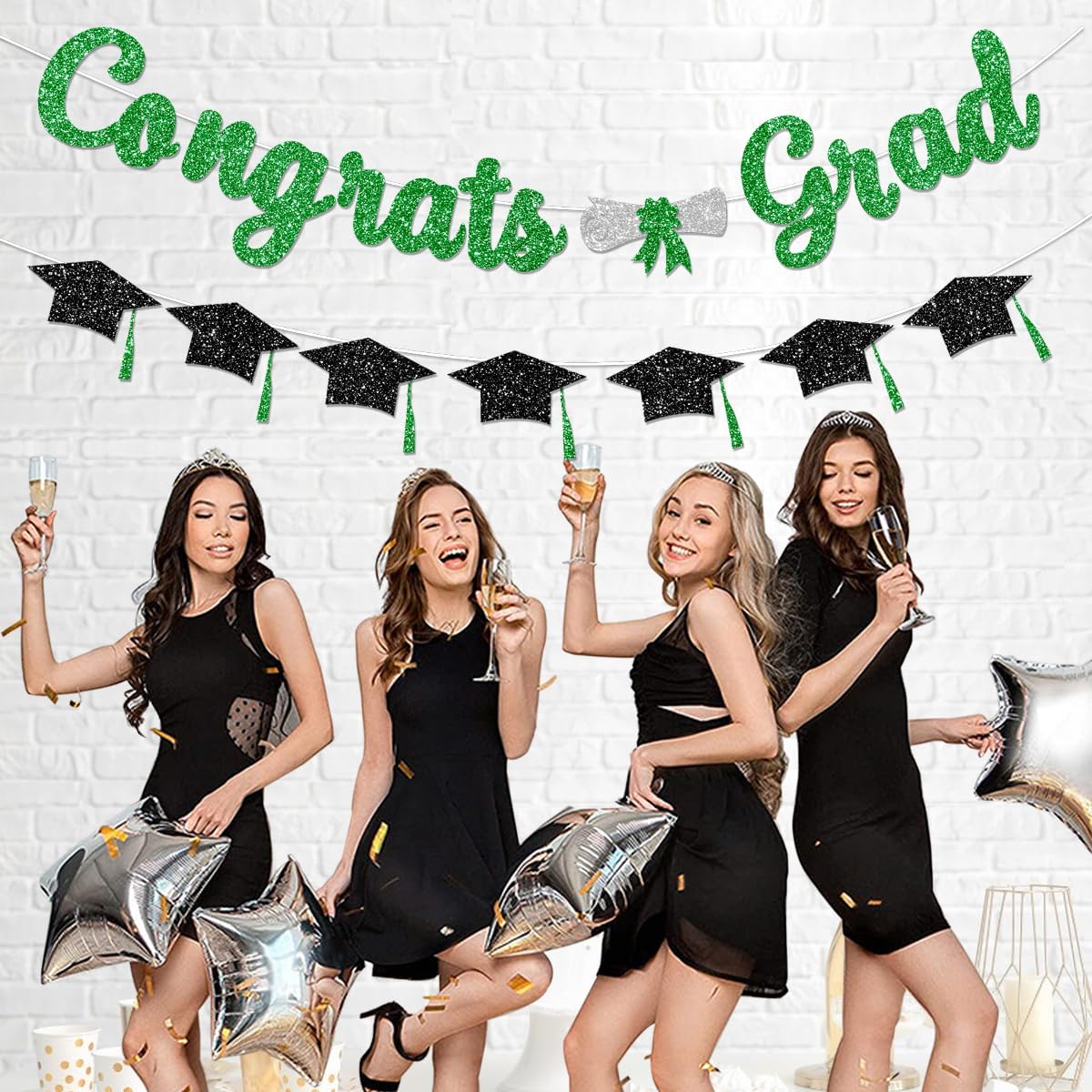 Glitter Green Congrats Grad Decorations Banner Pre-Strung Graduation Decorations Class of 2026 Banner Green and Black Congrats Grad with Tassel Decor College High School Graduation Party Favors no DIY BST220