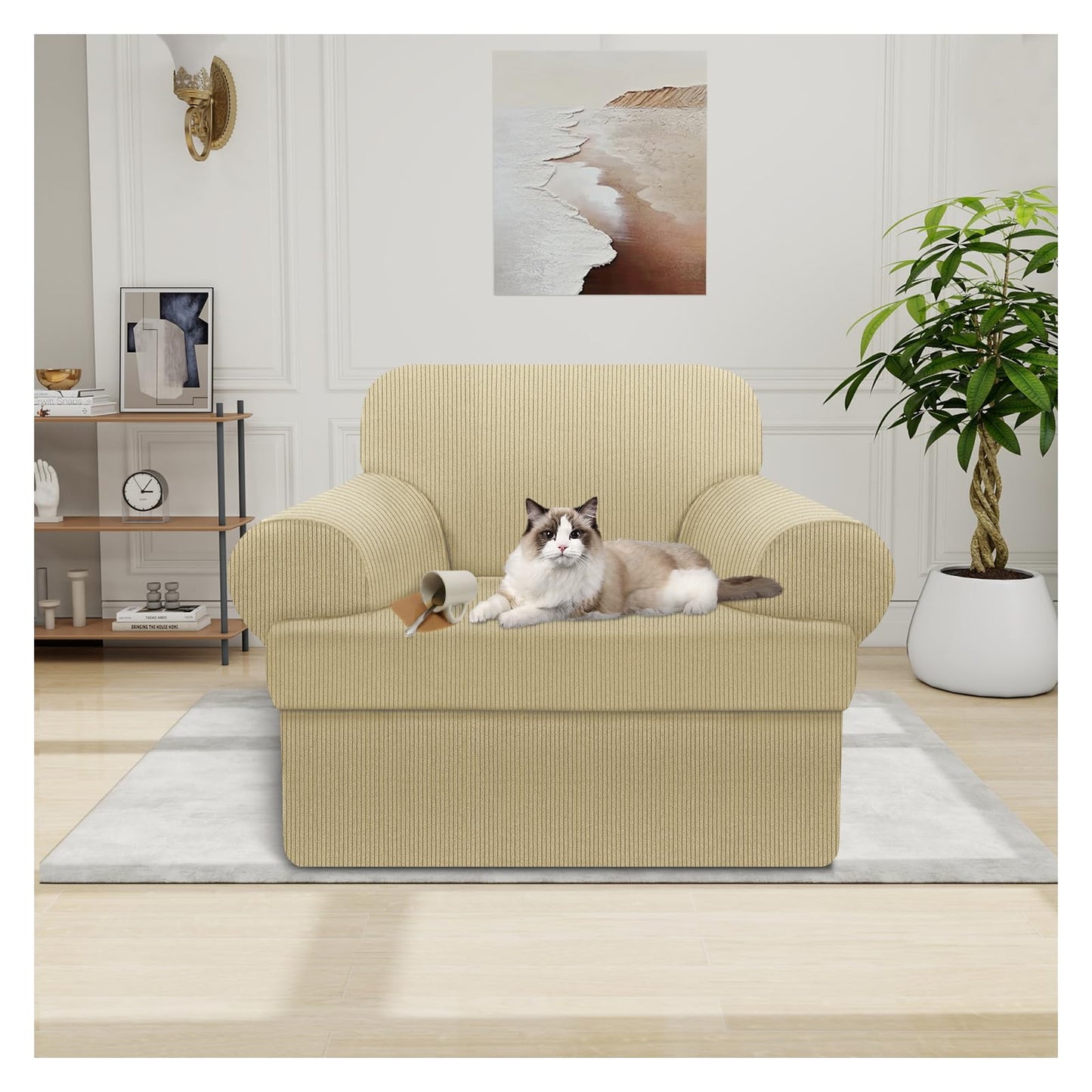 Waterproof Chair Cover with Arms 2-Piece Set Striped Slipcover for 1 Separate T Cushion Couch - TPU Fabric Armchair Covers Leakproof Couch Protector for Kids, Pets(Chair, Beige) BST220
