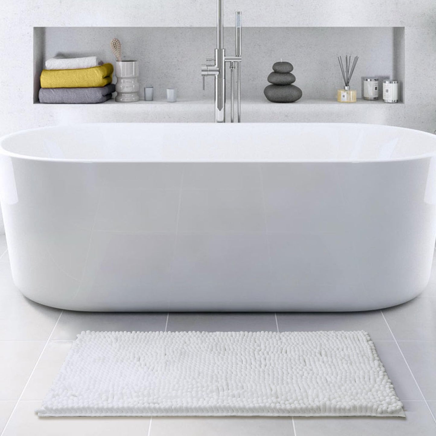FRESHMINT Chenille Bathroom Rugs Mat 24"x17", Non-Slip Bath Mat for Bathroom Floor & Bathtub, Washable Soft Shower Shag Bath Rugs, Fluffy Thick Water Absorbent Microfiber Shower Mat, Sage Green BST220