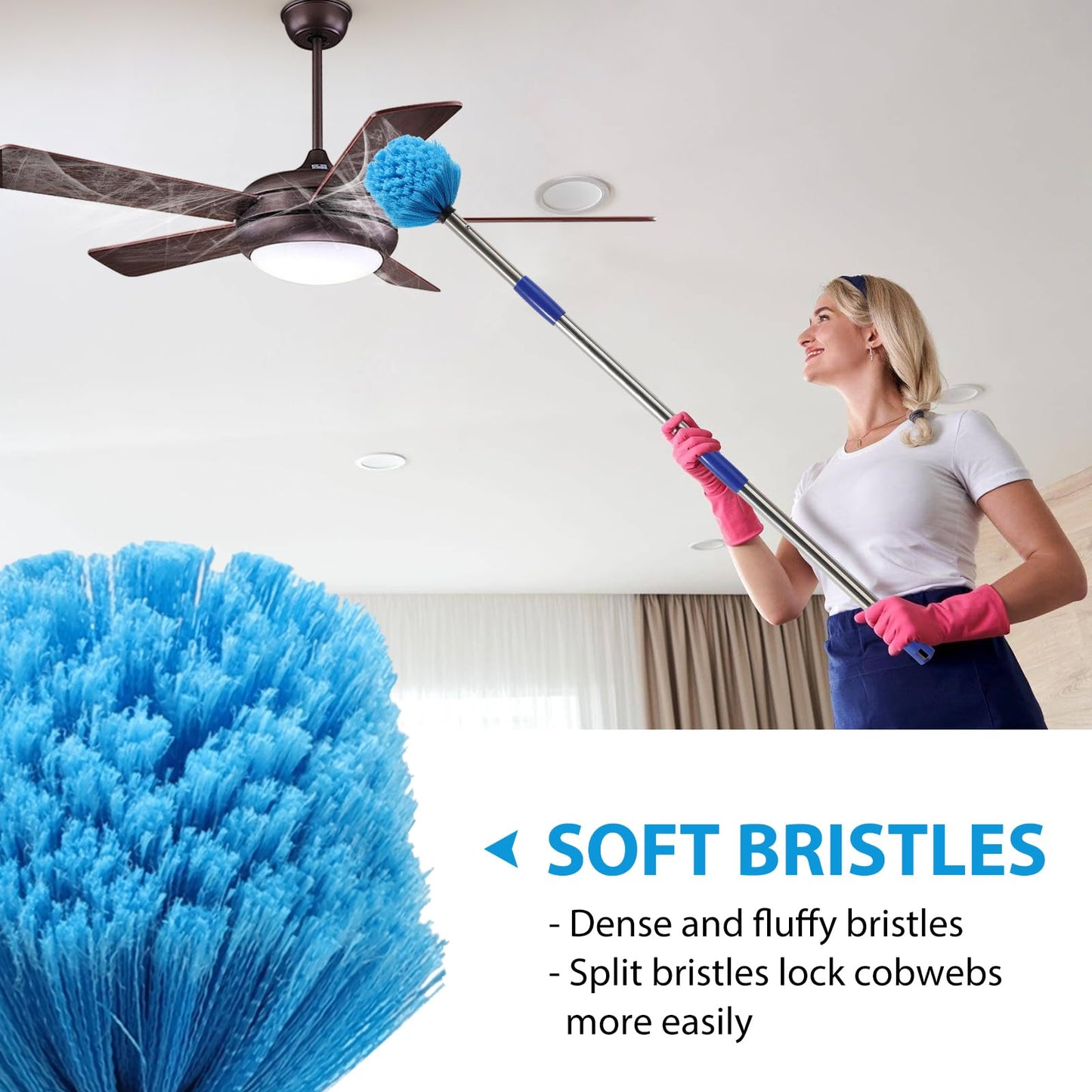 Cobweb Duster with Extension Pole,4-6FT Stainless Steel Spider Web Brush with Pole N3233
