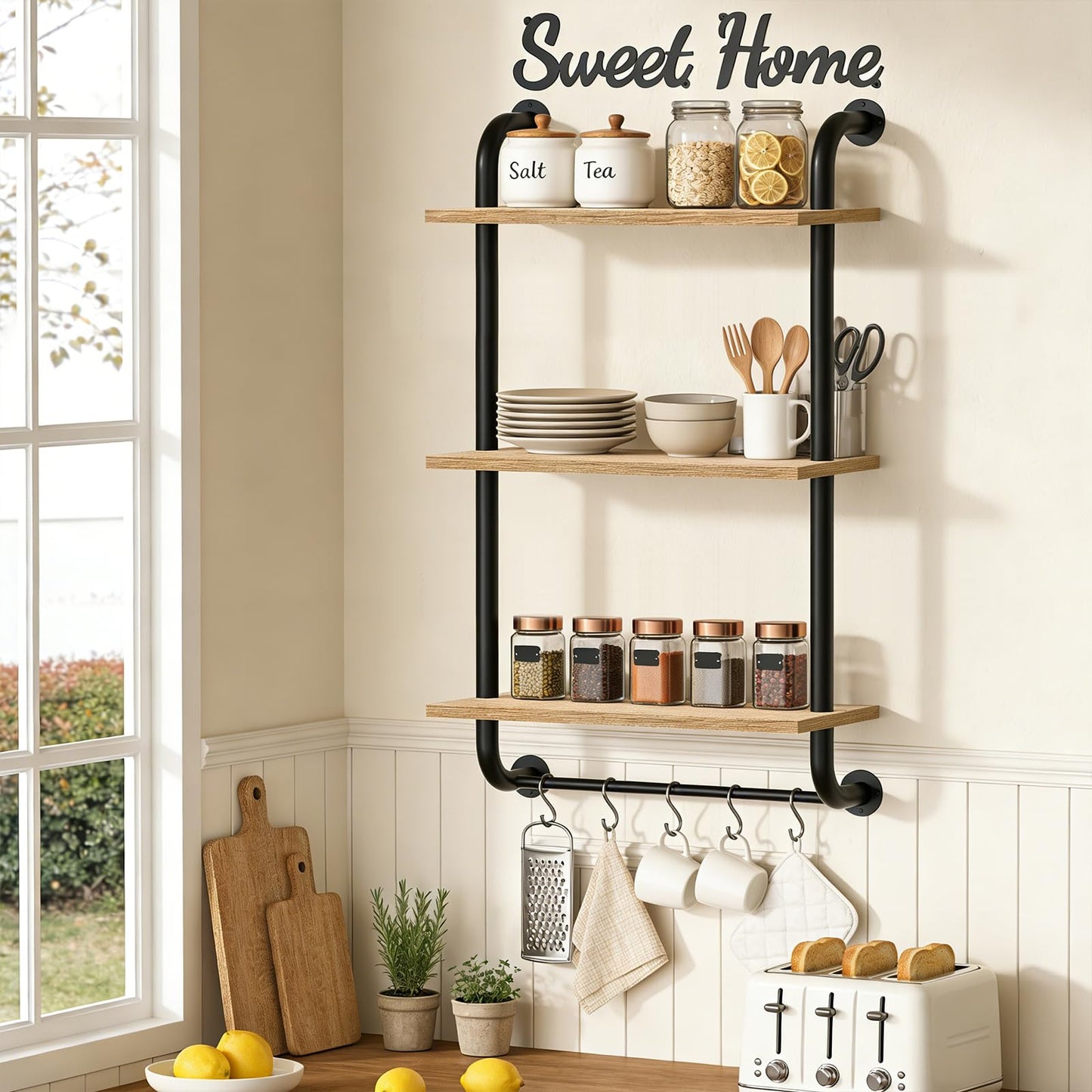 Tinpin Bathroom Shelves Wall Mounted, Rustic Farmhouse Pipe Shelves, Walls Shelf 3-Tier, Industrial Pipe Shelving, Floating Shelf Wall Decor for Bathroom, Kitchen, Bedroom, Living Room 17.3in Black DD1210