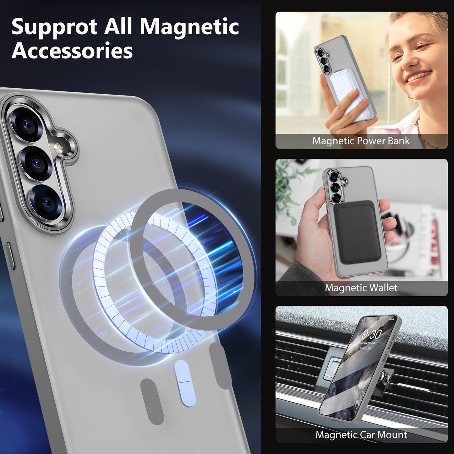 MATEPROX Magnetic Design for Samsung Galaxy S24 Plus Case, Stylish Slim an-ti Yellow Translucent Matte Shockproof Protective Cover for S 24+ 6.7'' 2024-Titanium Gray WN420