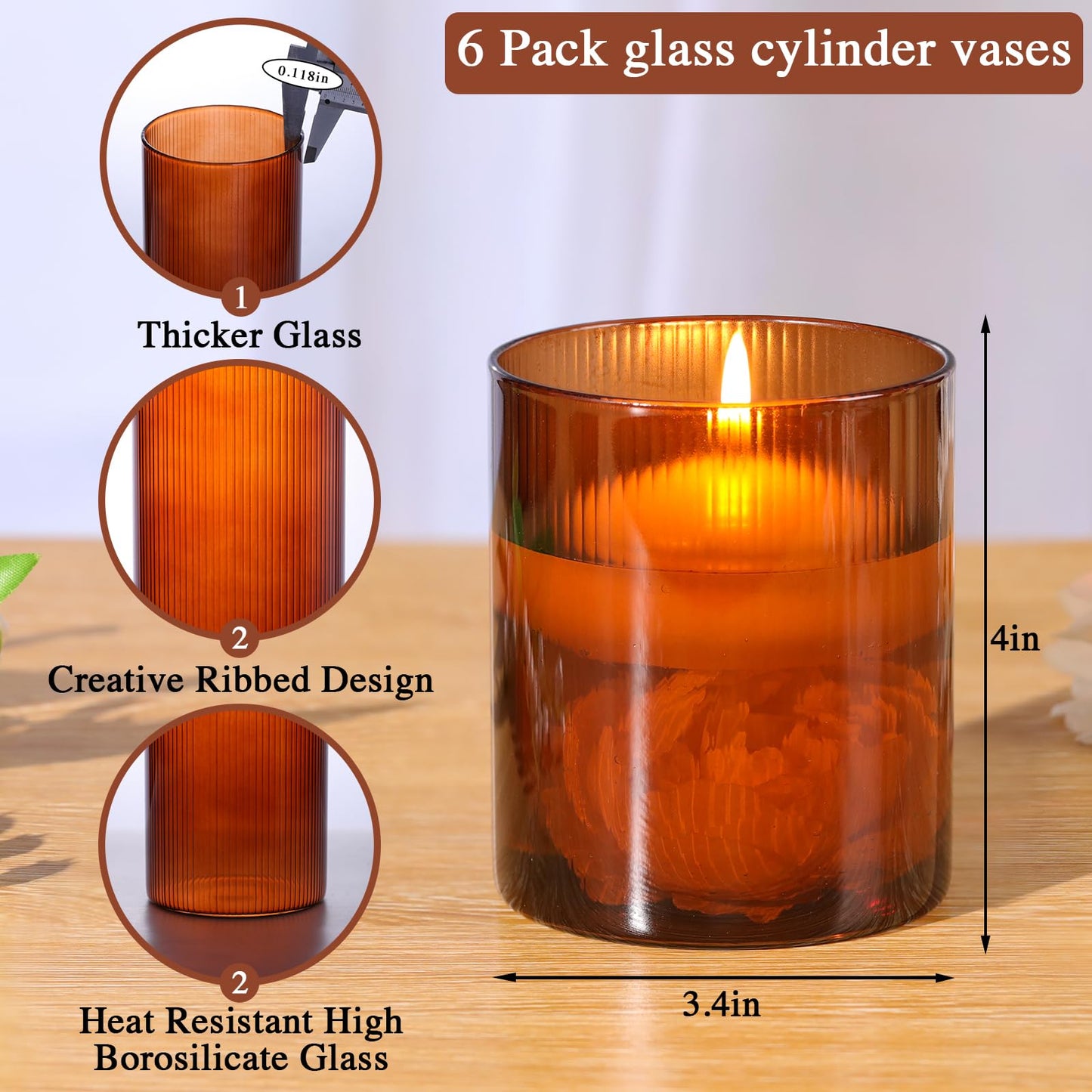 Glass Ribbed Cylinder Vases, 8 Inch Tall, Clear, Pack of 3 | Flower Vases in Bulk, Hurricane Floating Candle Vases, For Party Home Decor BST326H