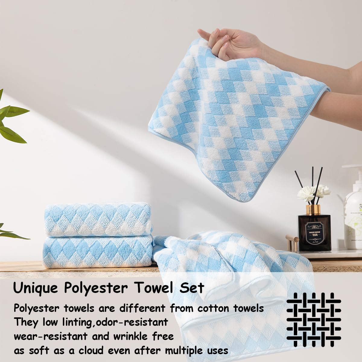 12 Pcs Light Gray Diamond Towel Set-4 Bath Towels,4 Hand Towels,4 Washcloths Soft Polyester Towels with Loop Absorbent Shower Towel Quick Dry Beach Chair Towel Family Towels for Bathroom Spa Gym Pool BST220