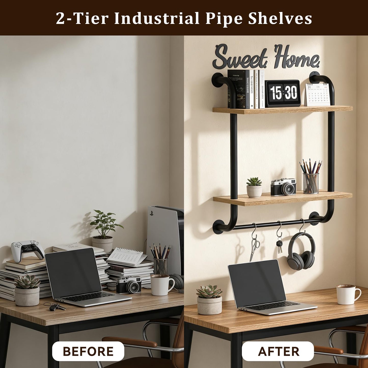 Tinpin Bathroom Shelves Wall Mounted, Rustic Farmhouse Pipe Shelves, Walls Shelf 3-Tier, Industrial Pipe Shelving, Floating Shelf Wall Decor for Bathroom, Kitchen, Bedroom, Living Room 17.3in Black DD1210