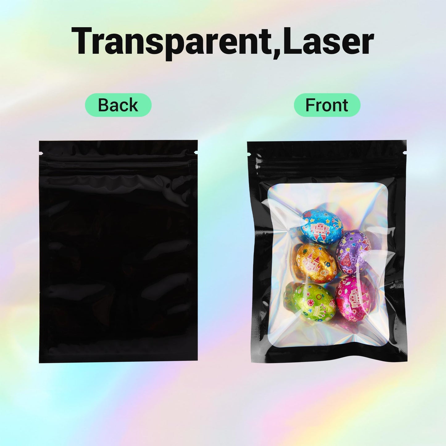 Holographic Mylar bags -100Pcs Self-Seal Resealable Zip Baggies with Clear Window, Smell Proof Laser Iridescent White 3x4.7 inch for Small Business Samples, Party favors,Snacks,Jewelry BST326L
