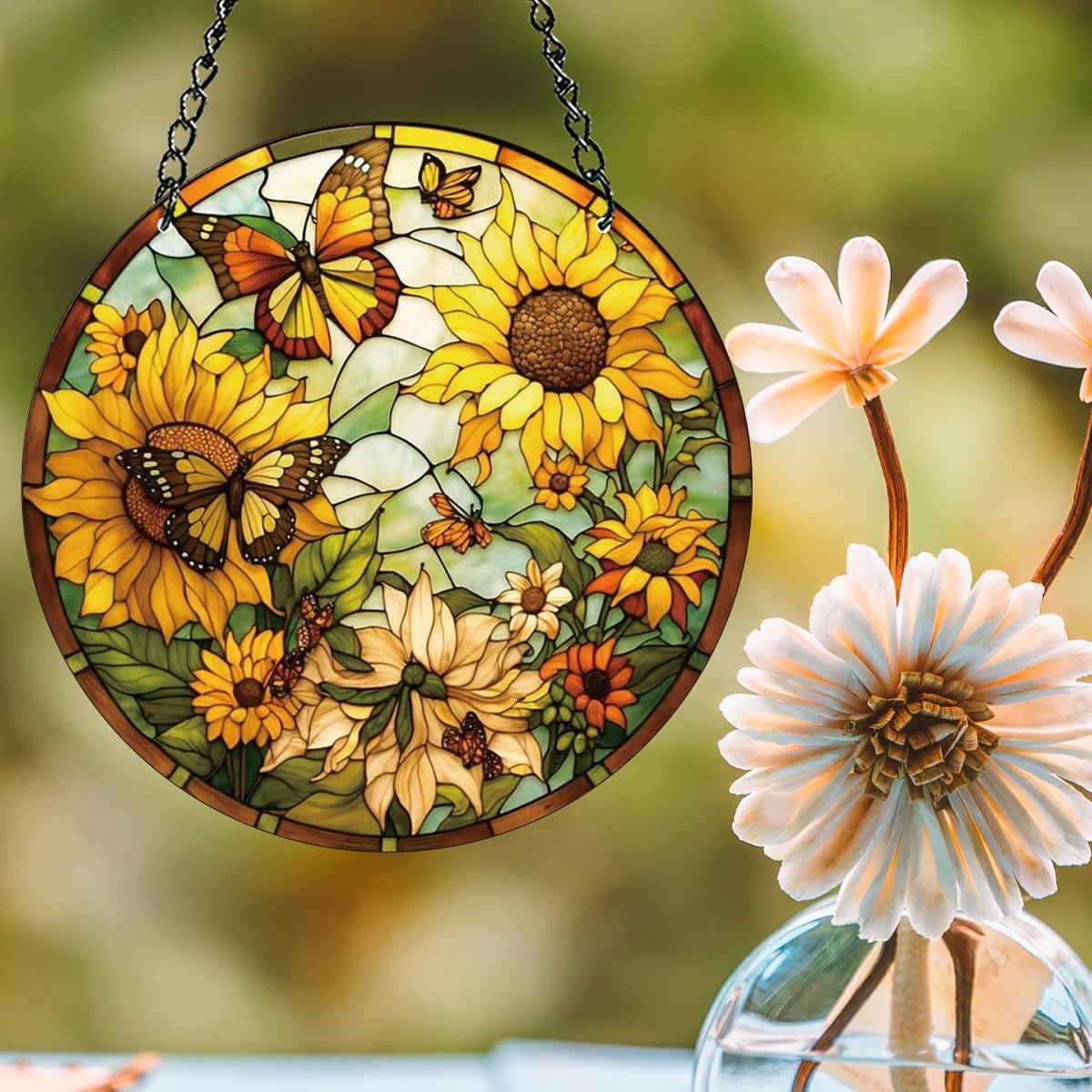 HOTIYOK Sunflower Stained Acrylic Window Hangings Panels Butterfly for Window Yellow Birthday Memorial Gift for Mom Flower Lover Home Garden Decoration BST220