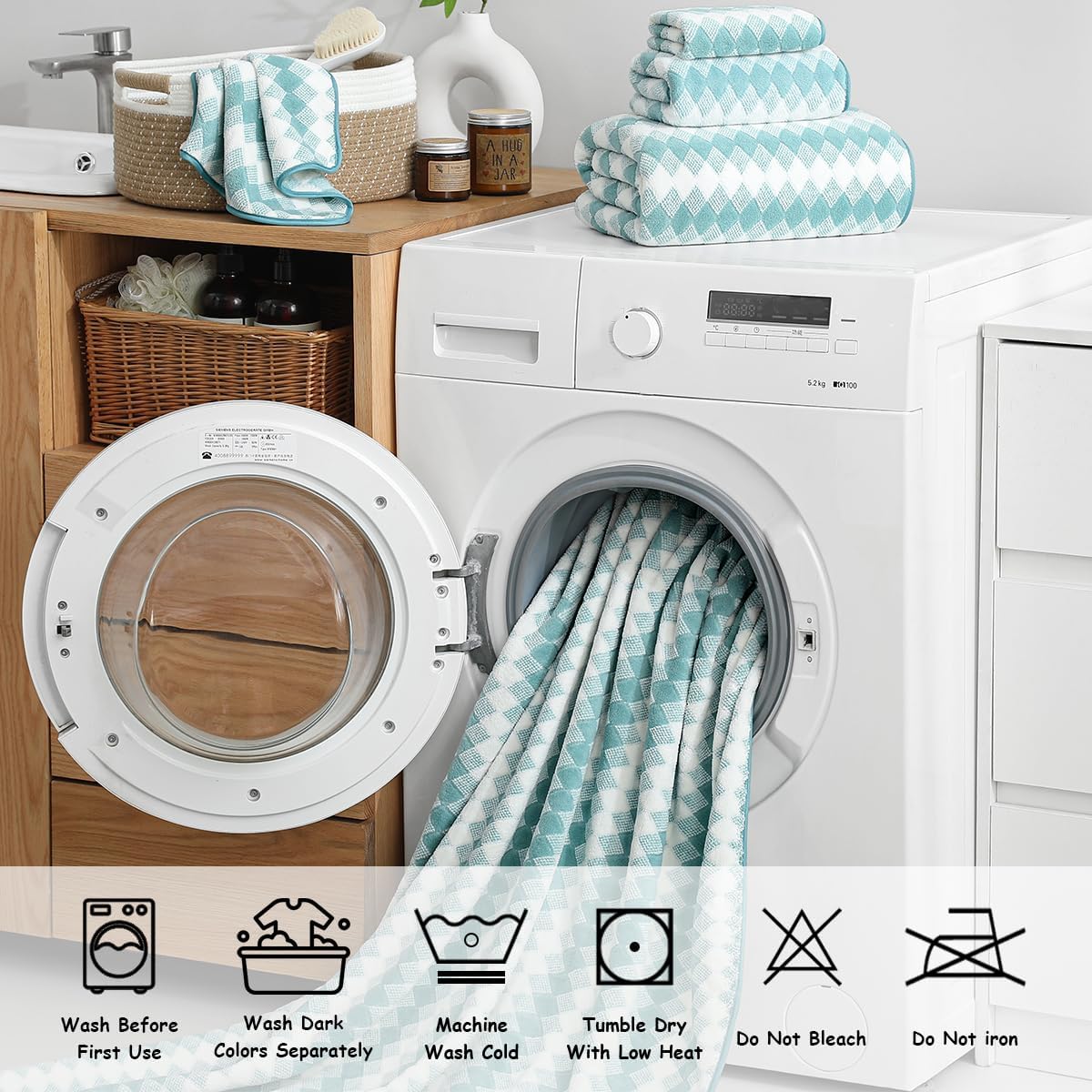 12 Pcs Light Gray Diamond Towel Set-4 Bath Towels,4 Hand Towels,4 Washcloths Soft Polyester Towels with Loop Absorbent Shower Towel Quick Dry Beach Chair Towel Family Towels for Bathroom Spa Gym Pool BST220