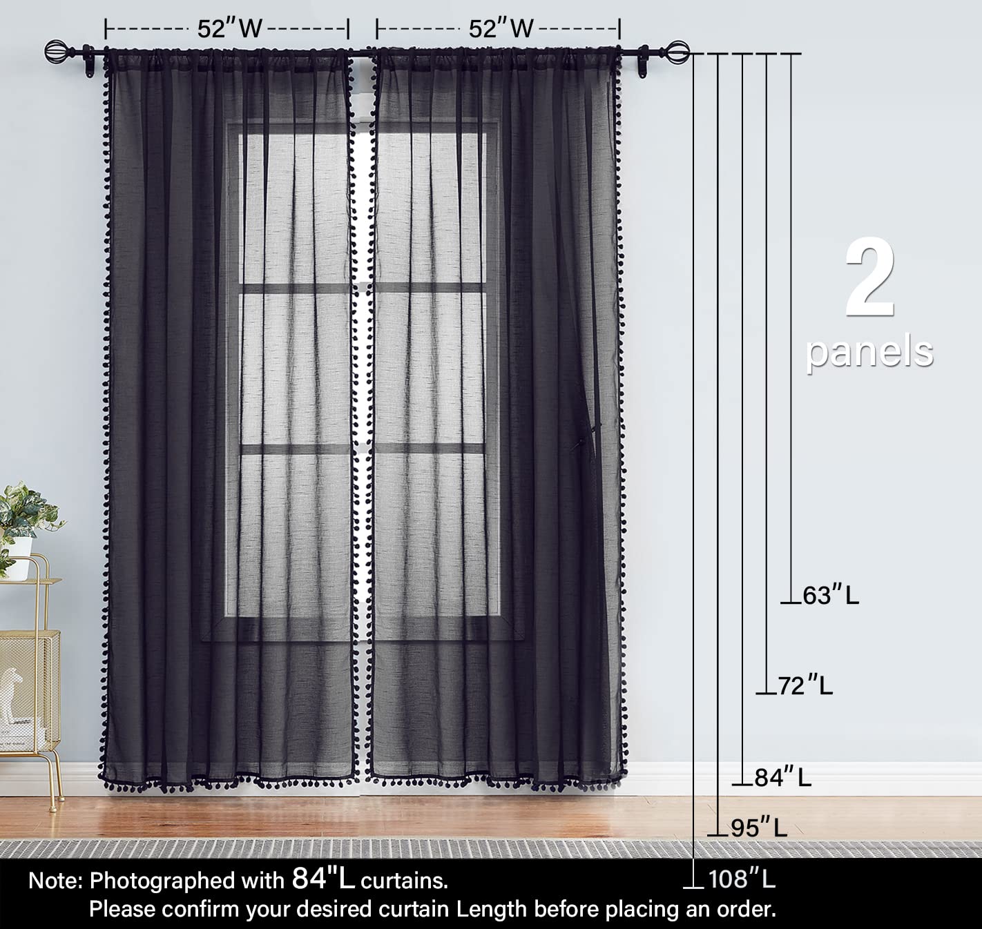 Treatmentex Pom-Pom Grey Sheer Curtains for Bedroom 63" Window Drapes Rod Pocket Textured Sheer Curtain for Kids Room 52" w 2 Panels BST202