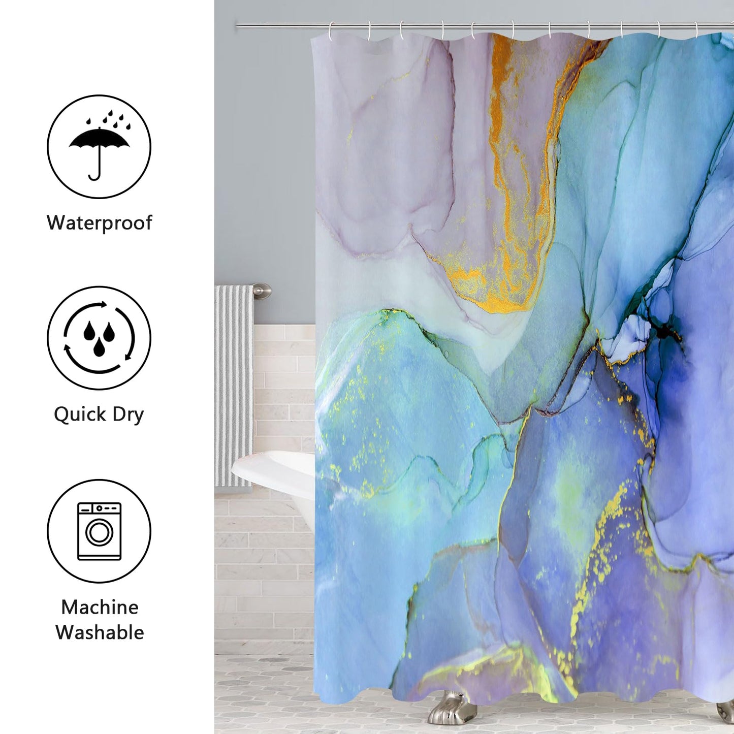 Gibelle 4 Pcs Bathroom Shower Curtain Set with Non-Slip Rugs, Toilet Lid Cover and Bath Mat, Grey Blue Marble Bathroom Decor Set with Shower Curtain and Rugs and Accessories BST326H