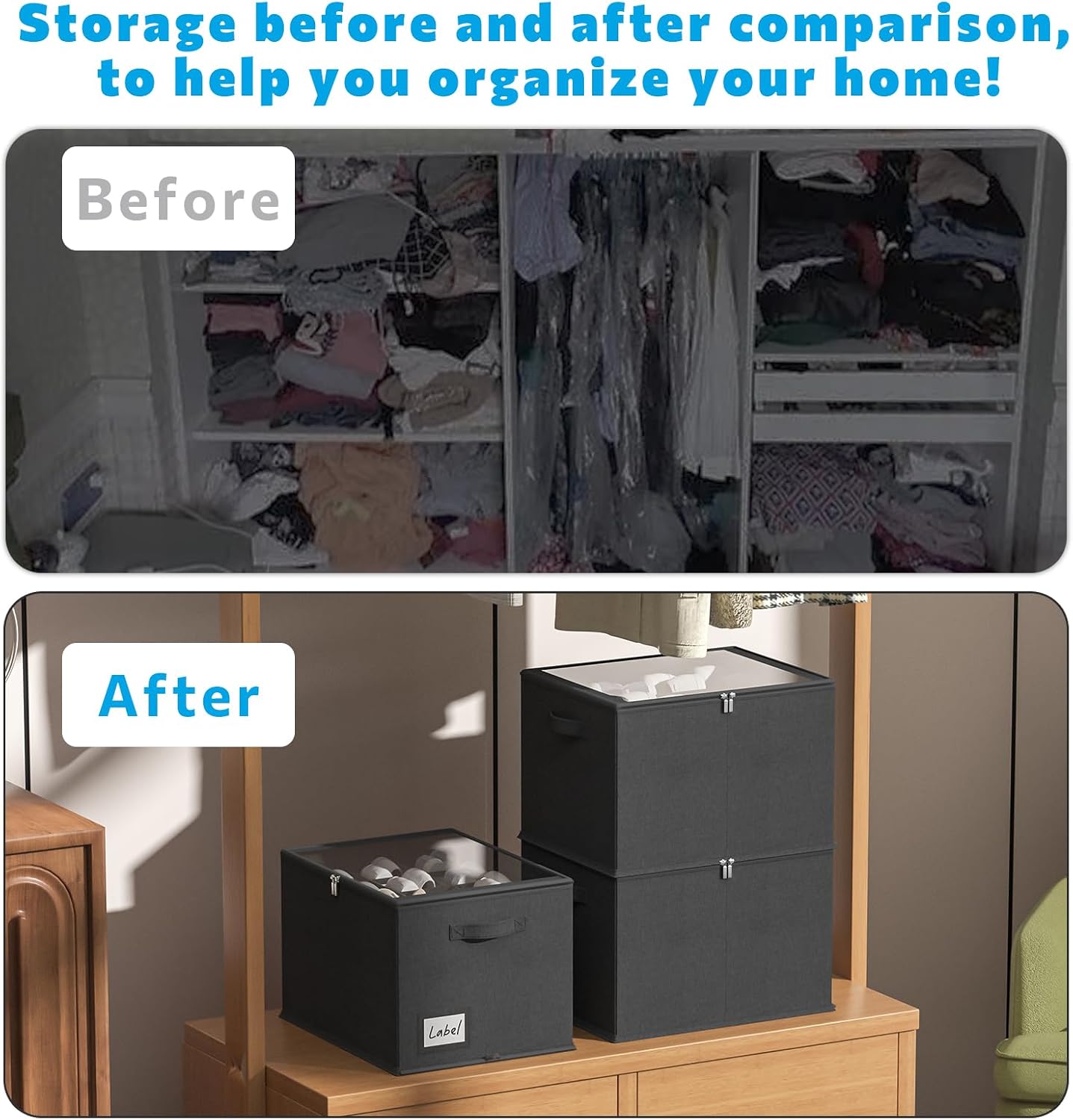 2 Pack Shoe Organizer for Closet - Shoe Storage Bins with Clear Cover, Fabric Shoe Storage Containers with Reinforced Handles, Fits up to 24 Pairs (Black, 16.5 * 12.6 * 12.2in) BST326H
