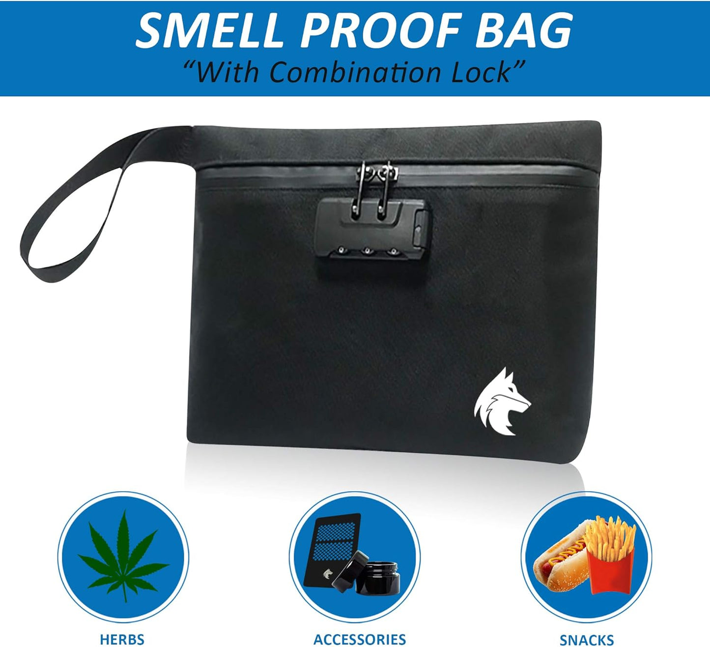 Upgraded Smell Proof Bag | 6 Piece Durable Waterproof Container Includes A Combination Lock, 3 Smell Proof Bags, Custom Grinder and A 50 Gram UV Blocking Herb Glass Container | 11x7.5x2.5 (Black)