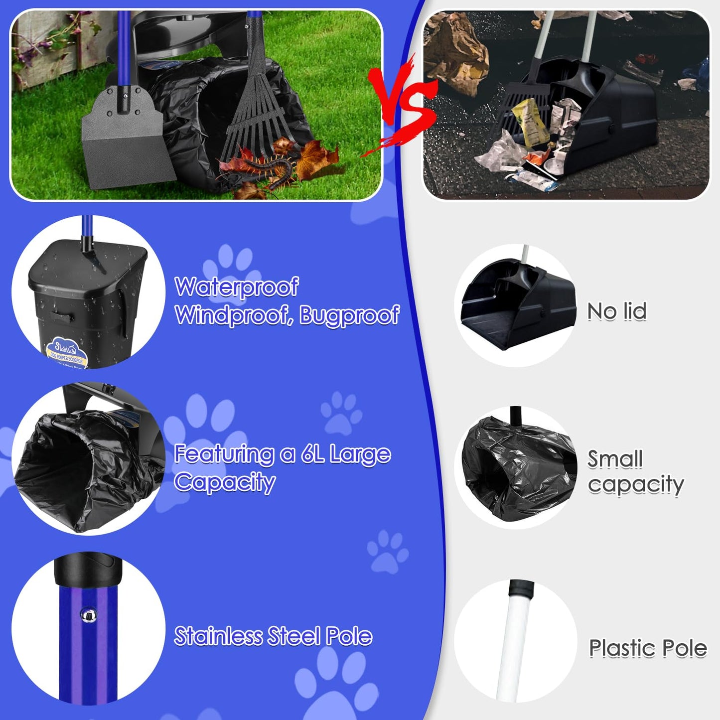 SlowTon Dog Pooper Scooper - 37.4" Long Metal Handle Adjustable Rake & Spade & Swivel Bin with 10 Waste Bags, Portable Pooper Scooper N3233
