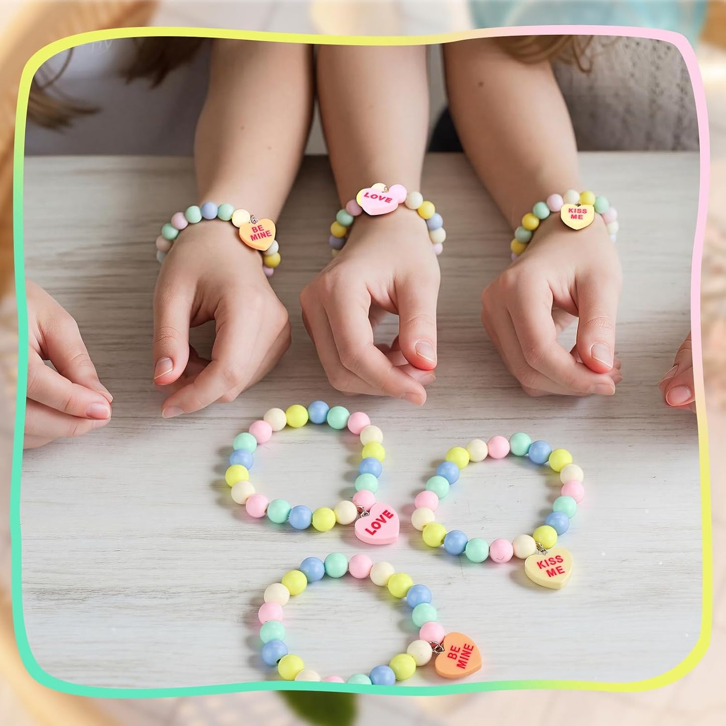 Huquary Happy Birthday Candy Bracelets Bulk Summer Candy Heart Bracelet Gift Plastic Beads Jewelry Love Heart Charm for Birthday Gift Exchange Party Favors BST326L