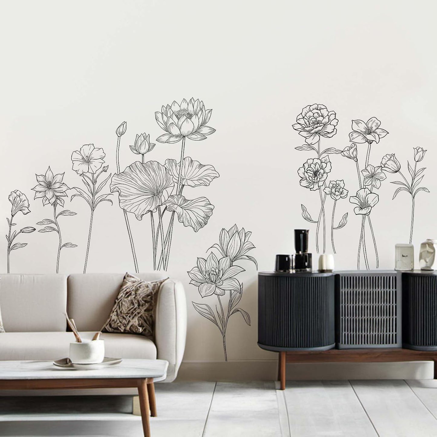 Black Flower Wall Stickers for Girls: Peel and Stick Wildflower Sunflower Rose Lotus Floral Garden Wall Decals - Bedroom Office Living Room Home Art Wall Decor BST220