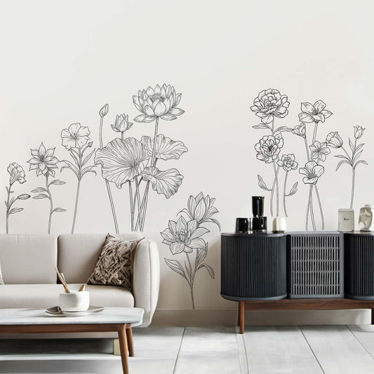 Black Flower Wall Stickers for Girls: Peel and Stick Wildflower Sunflower Rose Lotus Floral Garden Wall Decals - Bedroom Office Living Room Home Art Wall Decor BST220