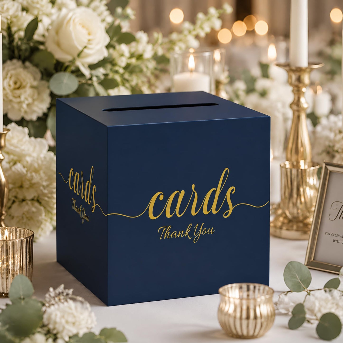 1 Pack White and Gold Wedding Card Box for Party Graduation Bridal Baby Shower Retirement Decorations Cardboard Birthday Card Holder Raffle Ballot Voting Box with Slot 7.8 x 7.8 x 7.8 In BST220