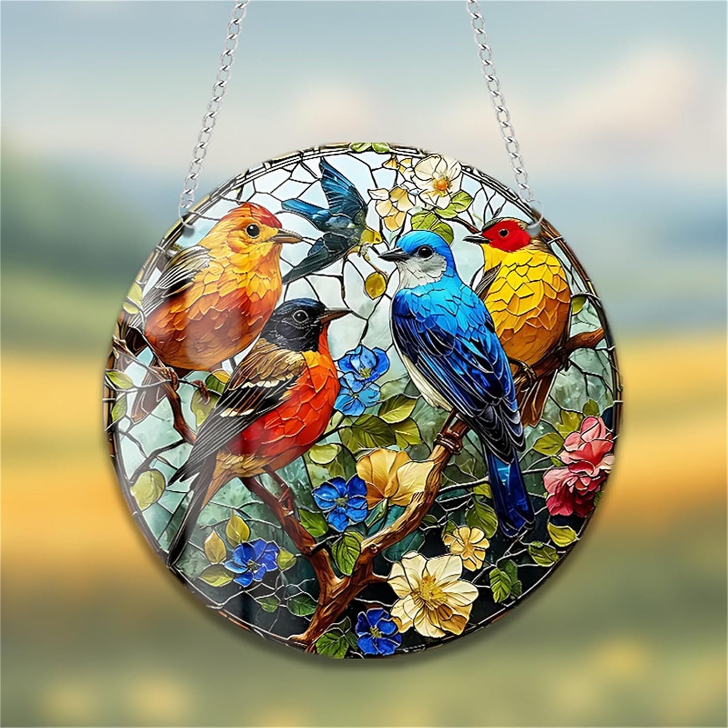 Sparrow Stained Suncatchers for Windows Birds on a Branch Flowers Natural Scenery Hanging Acrylic Panels, Bedroom Garden Kitchen Wall Art Decoration Gifts for Women Mom Grandma Teacher BST220