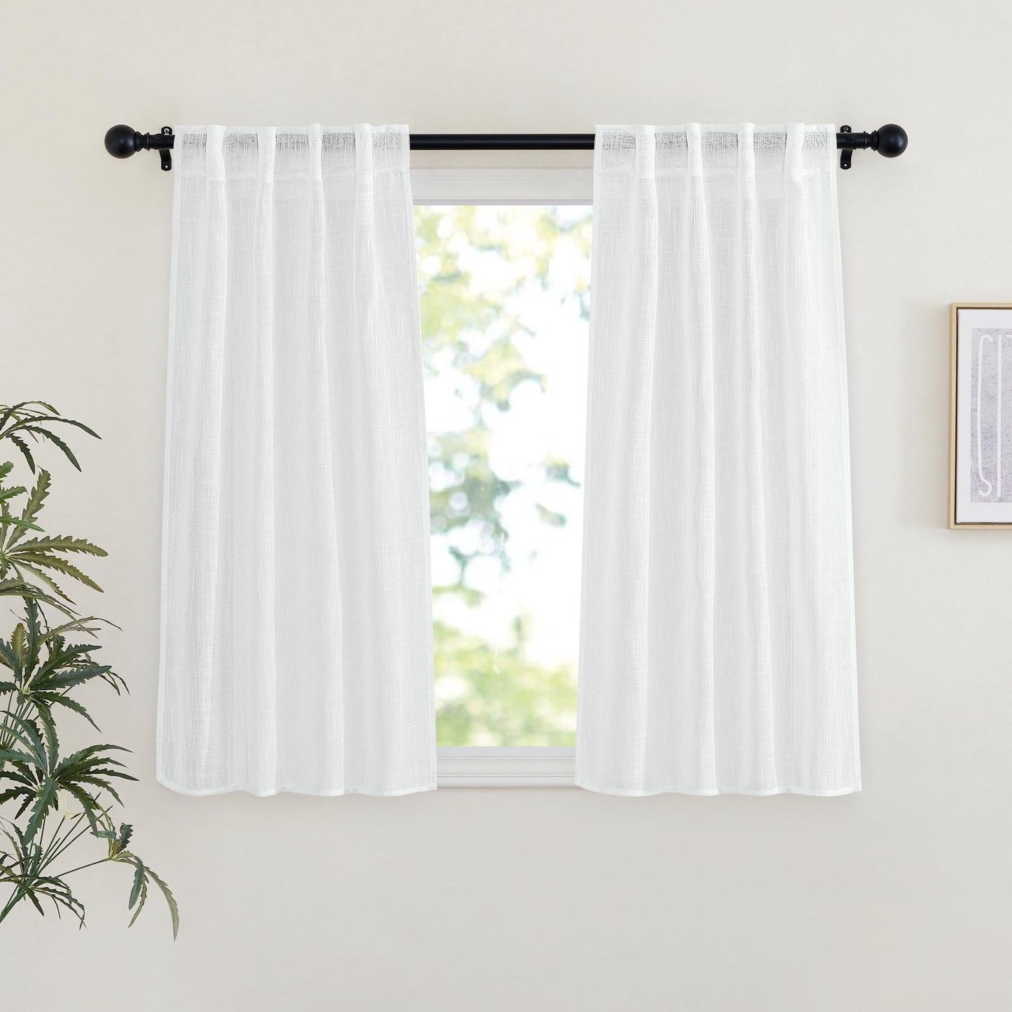 NICETOWN White Semi Sheer Kitchen Curtains 30 inch Length, Rod Pocket & Back Tab Faux Linen Blend Privacy with Light Filtering Window Drapes for Cafe, W34 x L30, 2 Panels BST220