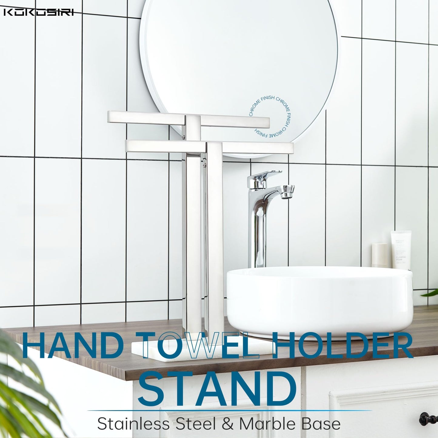 KOKOSIRI Hand Towel Holder Black Stand Towel Rack with Marble Base for Bathroom Kitchen Vanity Countertop, Stainless Steel 15.7'' Height THS0002-SM-BK BST202