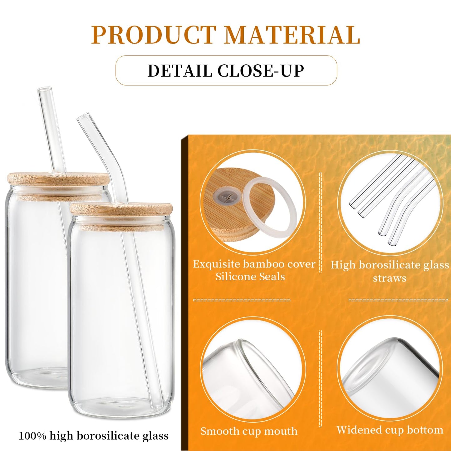 DWTS DANWEITESI Glass Cups “20oz”,Glass Cups with Lids and Straws 4 pcs-Coffee Cups,Drinking Glasses Set,Glass Tumbler with Straw and Lid Gift 2 Cleaning Brushes 600ml BST202