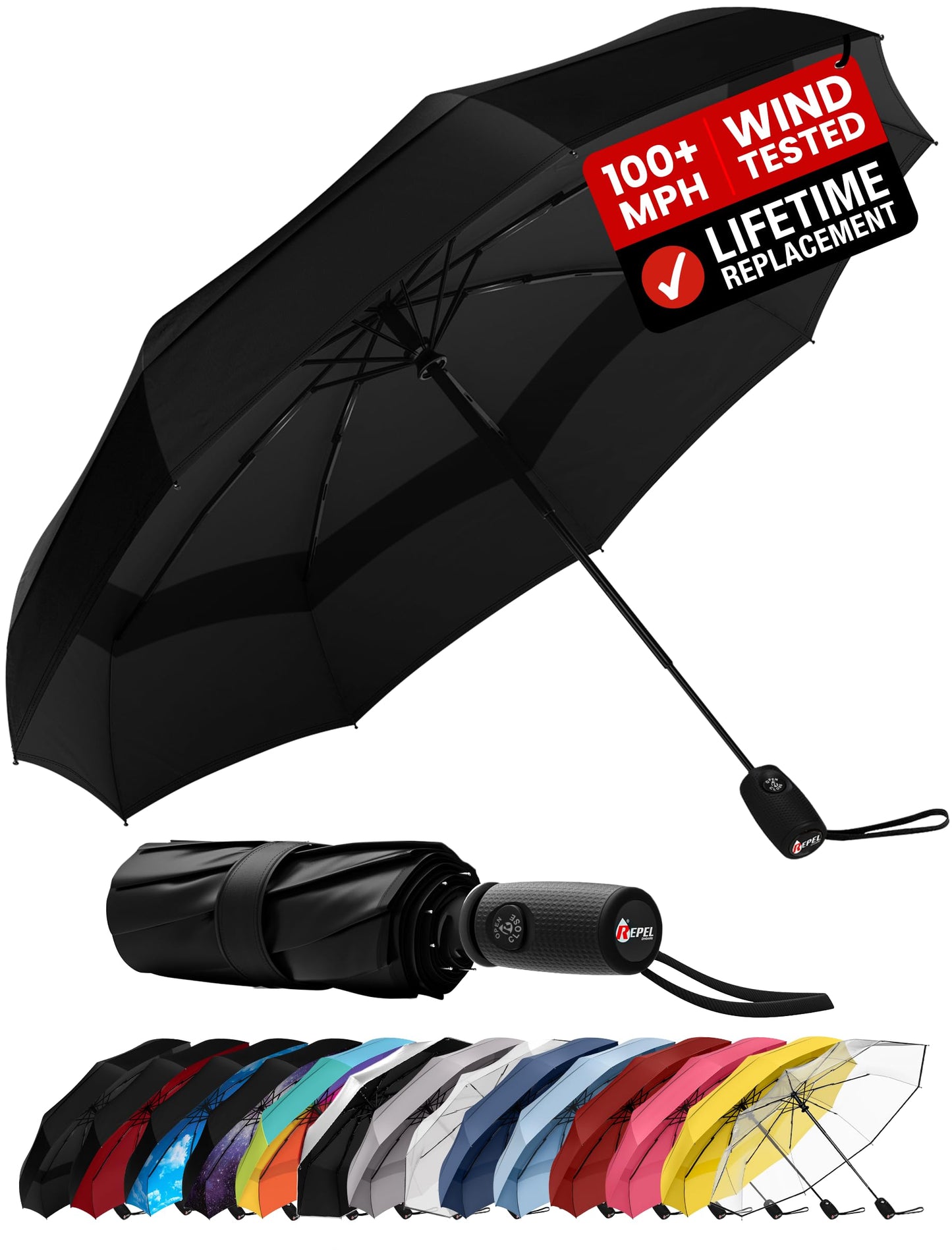 Repel Windproof Travel Umbrella - Compact & Withstands Winds up to 100MPH , Strongest Premium Auto Folding Umbrella for Rain and Sun - Durable, Light & Portable for Women & Men , Fits Backpack & Cars