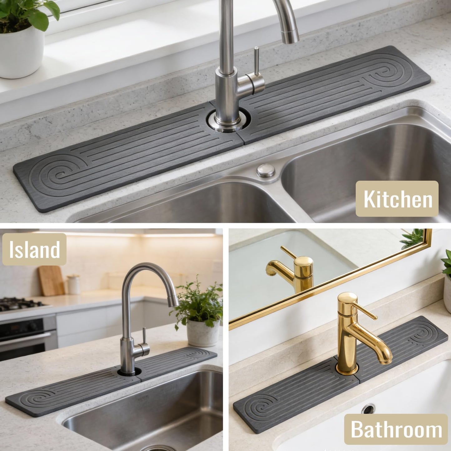Hopegiver Stone Faucet Mat for Kitchen Sink - Fast Drying Diatomite Sink Protector Prevent Moisture, Super Water Absorbing Stone Tray for Kitchen & Bathroom Counter (White, 15.7"x3.9") BST326H