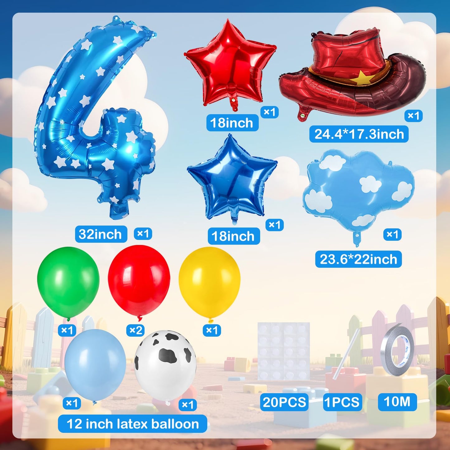 11-Pack Cowboy Theme Balloon Set, Farm Theme Decorations, Balloons with Hats and Clouds, Boys and Girls Birthday Party Supplies (1) BST202
