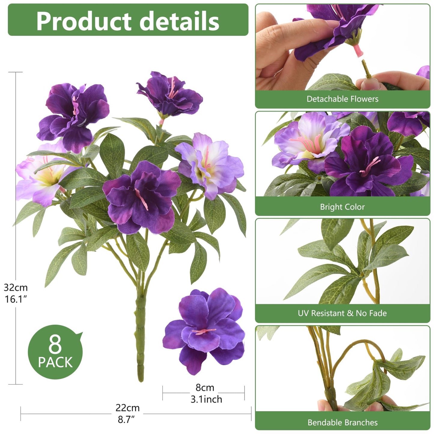 Hommyea Artificial Fake Flowers for Outdoor, 8 Bundles Faux Plants Silk Flowers Spring Decoration UV Resistant No Fade Plastic Flowers for Outside Planters Home Porch Patio Yard Garden Decor WN420