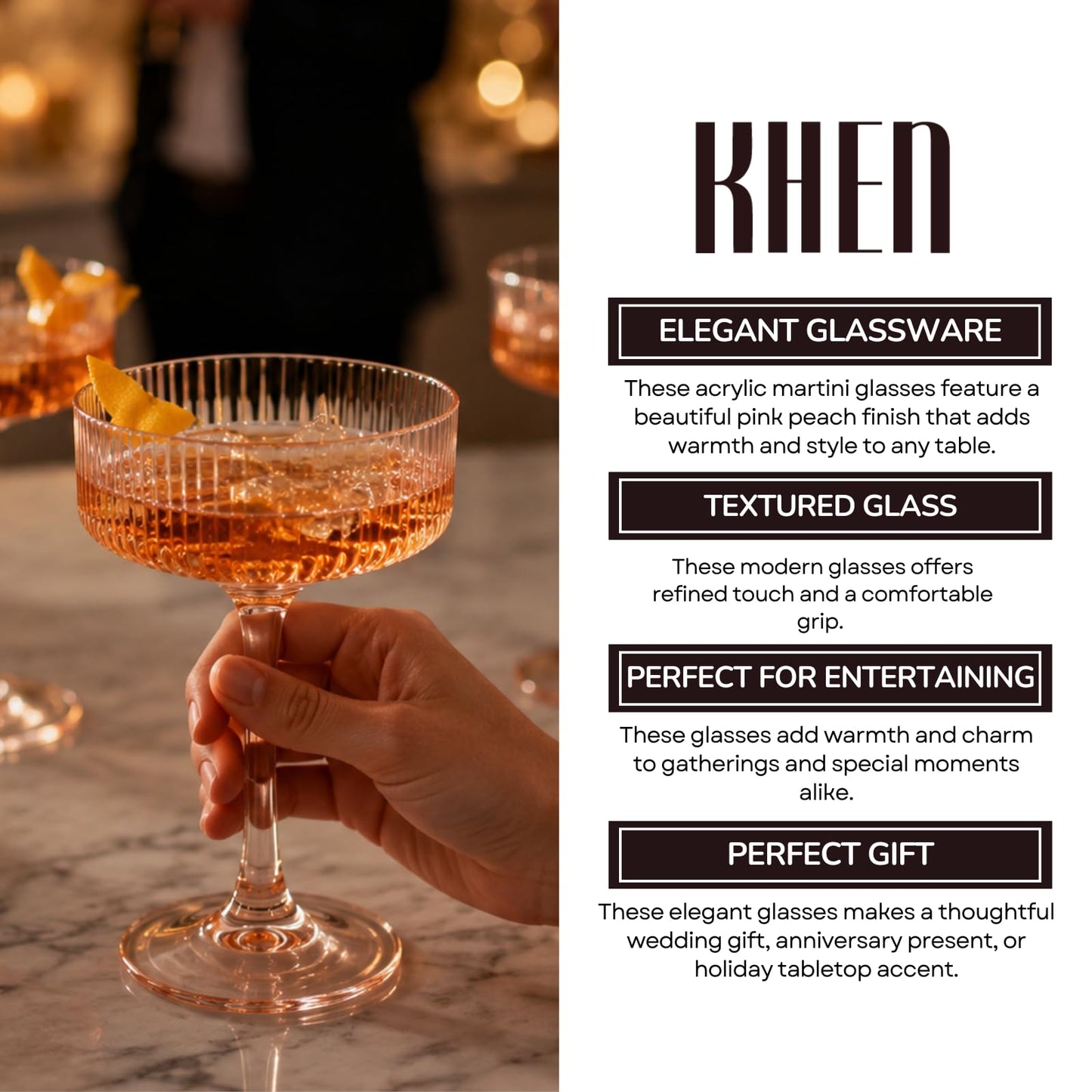 Khen Pink Peach Acrylic Ribbed Coupe Martini Champagne Cocktail Glasses, Set of 4, 8 oz Shatterproof Ripple Stemware European Style Reusable Drinkware Goblets, Indoor Outdoor Parties Weddings Bar Gift BST220