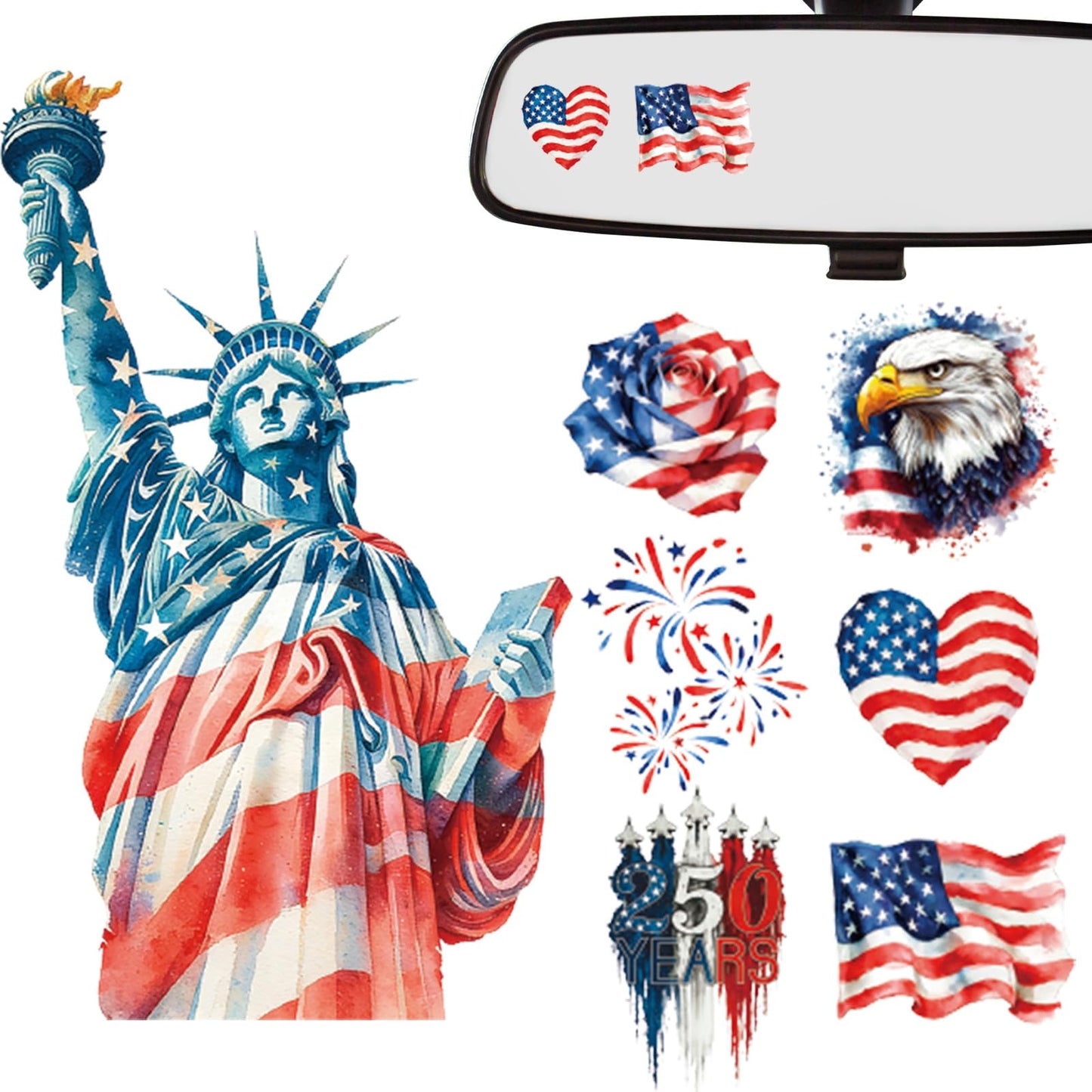 Dazoratix 250th Anniversary Car Decals - 7 Pcs Eagle 250 Years America Flag Merchandise American Patriotic USA 4th of July Independence Vinyl Rearview Mirror Stickers for Window Vehicle Tumbler Bumper BST326L