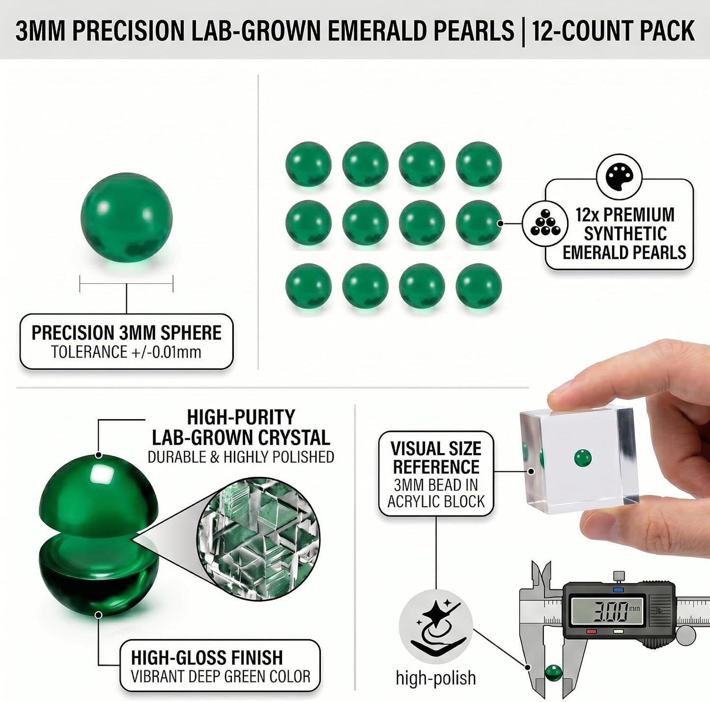 Emerald Pearls, 3mm OD Size Emerald Beads - 12 Pack - 3mm Size Emerald Pearl Accessories for Dipwand Begleri Beads BST326L