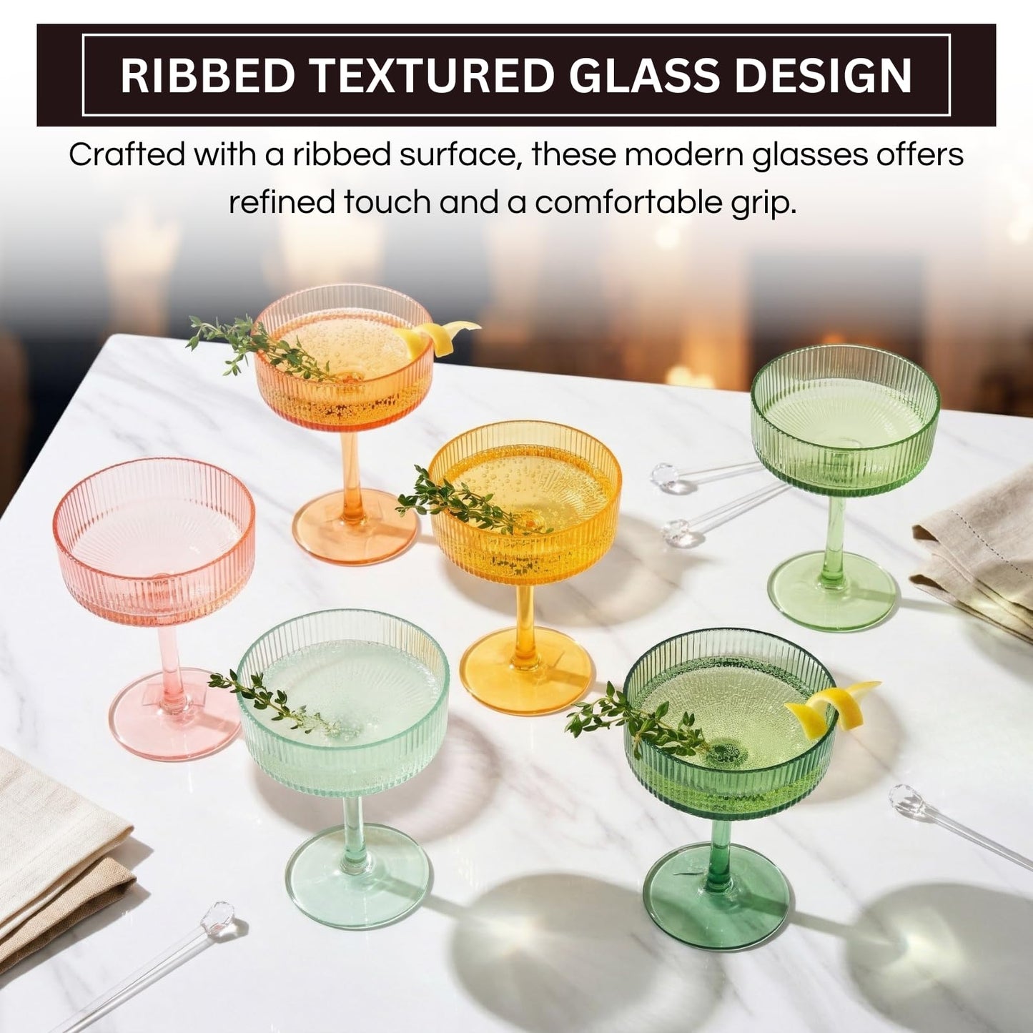 Khen Pink Peach Acrylic Ribbed Coupe Martini Champagne Cocktail Glasses, Set of 4, 8 oz Shatterproof Ripple Stemware European Style Reusable Drinkware Goblets, Indoor Outdoor Parties Weddings Bar Gift BST220