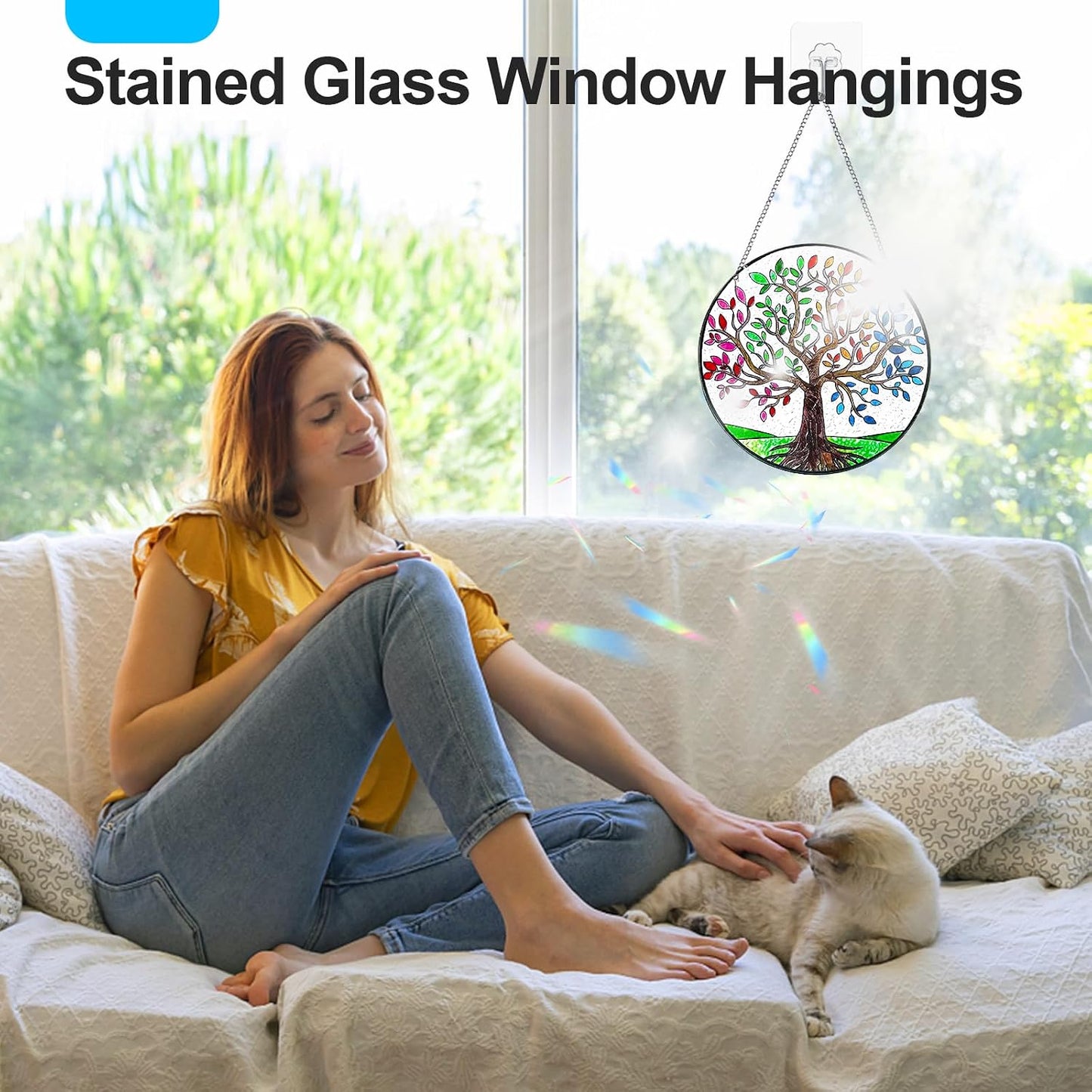 Tree of Life Stained Glass Window Hanging 5.90" Sun Catchers, Stain Glass Suncatchers for Indoor Windows Hanging, Hummingbird Gifts Window Garden Crystals Outdoor Decor Panels BST220