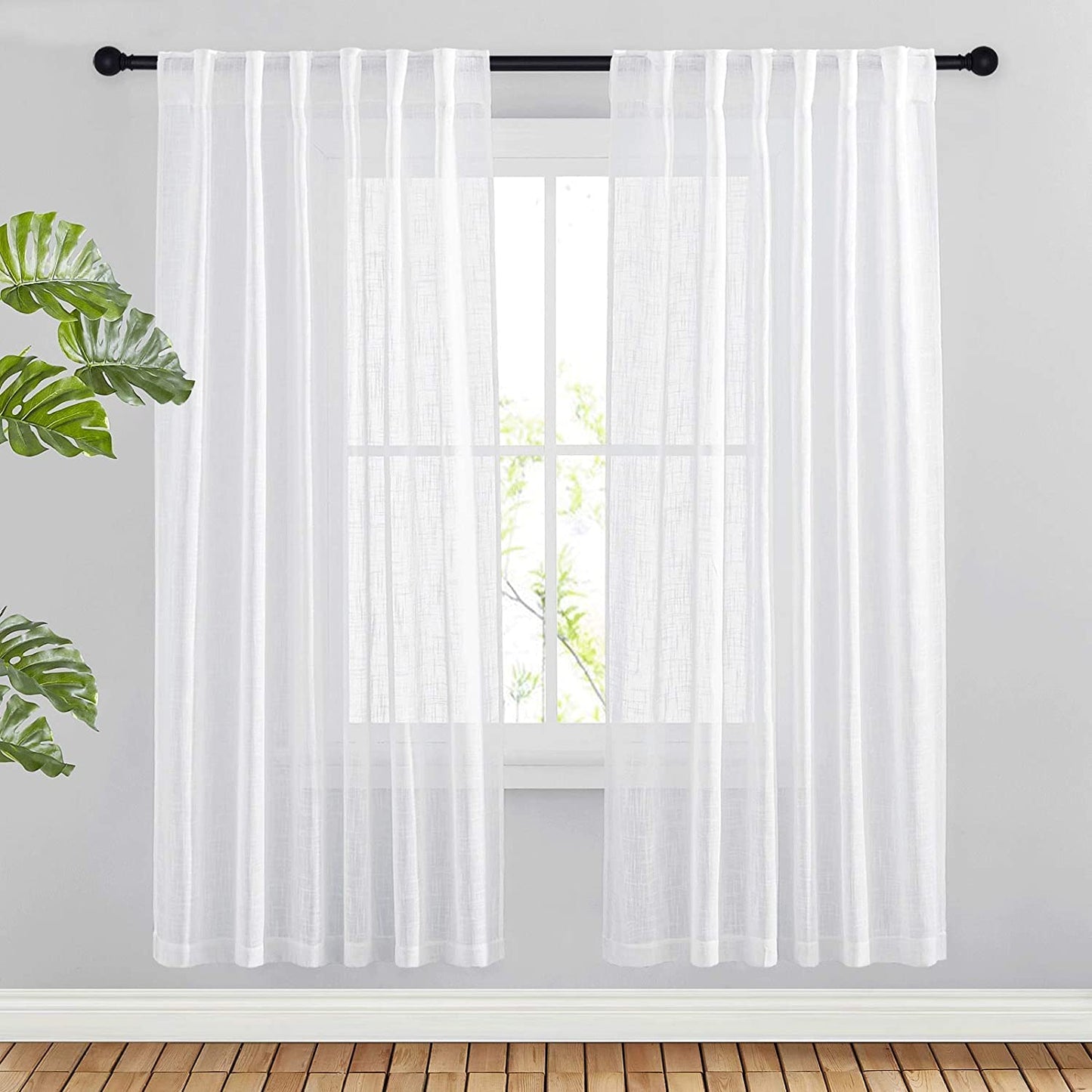 NICETOWN White Semi Sheer Kitchen Curtains 30 inch Length, Rod Pocket & Back Tab Faux Linen Blend Privacy with Light Filtering Window Drapes for Cafe, W34 x L30, 2 Panels BST220