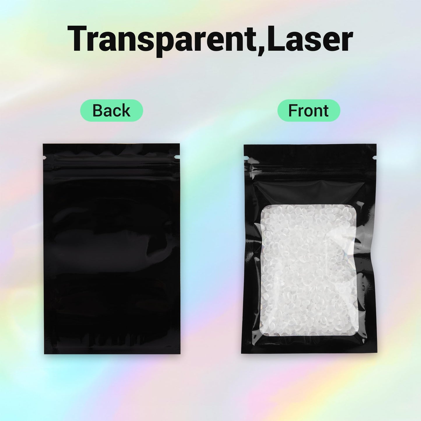 Holographic Mylar bags -100Pcs Self-Seal Resealable Zip Baggies with Clear Window, Smell Proof Laser Iridescent White 3x4.7 inch for Small Business Samples, Party favors,Snacks,Jewelry BST326L