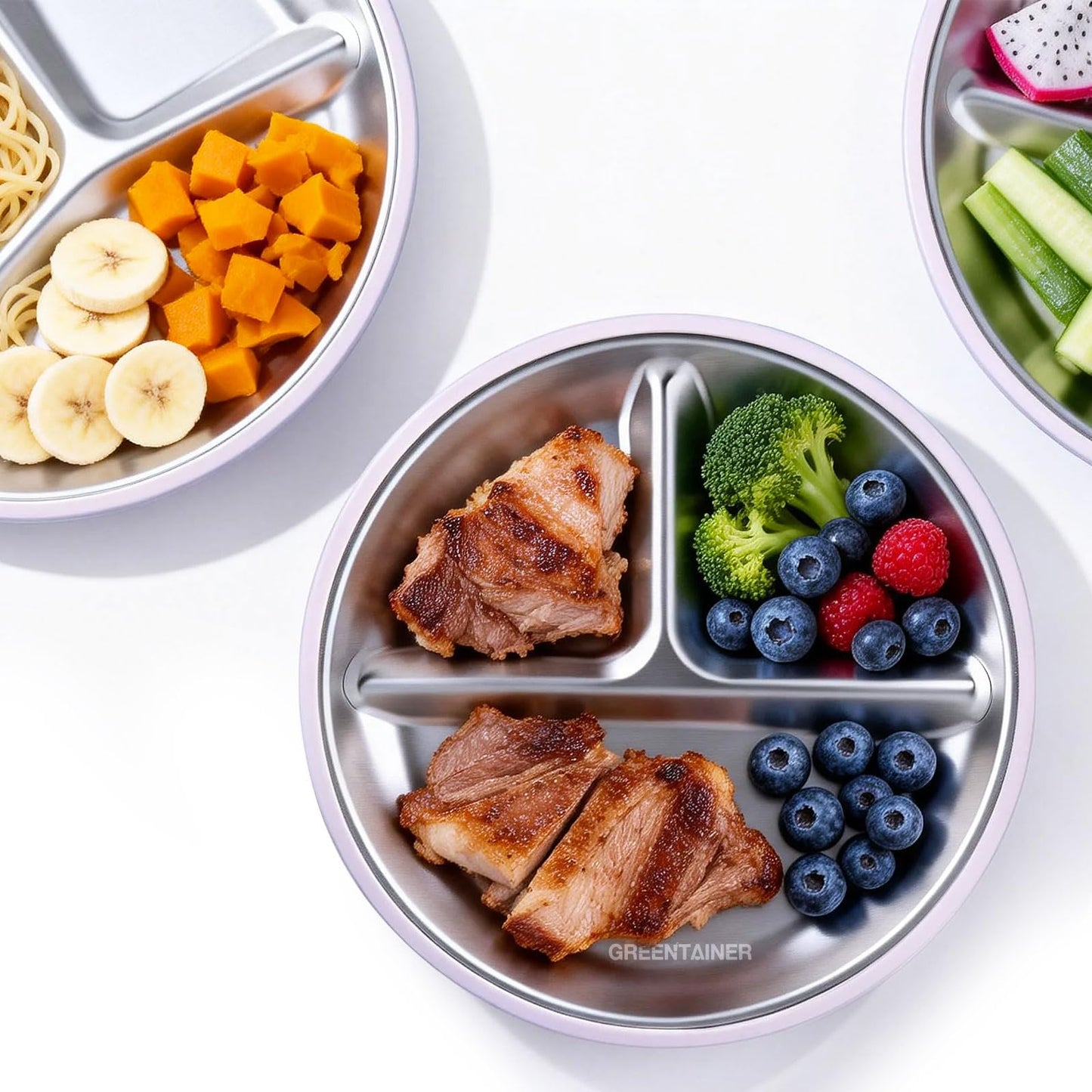 Greentainer 3 Pack Stainless Steel Baby Plates with Suction, Divided Toddler Plates with Removable Silicone Sleeves, Unbreakable Kids Dishes for Dinner & Snack, Non-Toxic, Dishwasher Safe BST326H