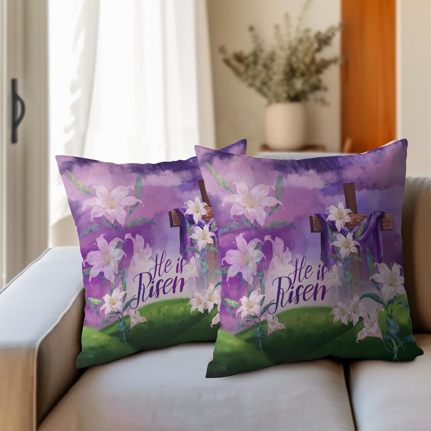 Kawani Easter Throw Pillow Covers 18x18 Set of 2 He is Risen Cushion Case Cotton Linen Square Happy Easter Purple Throw Pillows Case for Spring Flowers Party Sofa Couch Bed Bench Outdoor BST326L