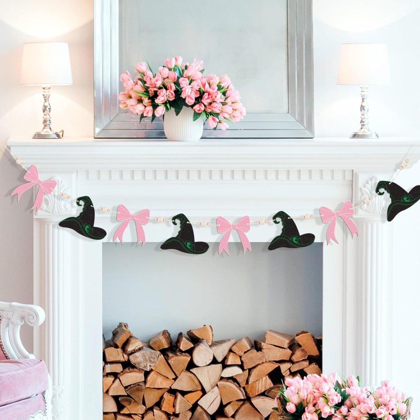 Oudain Pre-Strung Halloween Witch Garland Banner Pink and Green Birthday Party Decorations for Witch Themed Mantel Wall Home Office Indoor Halloween Party Decor BST202