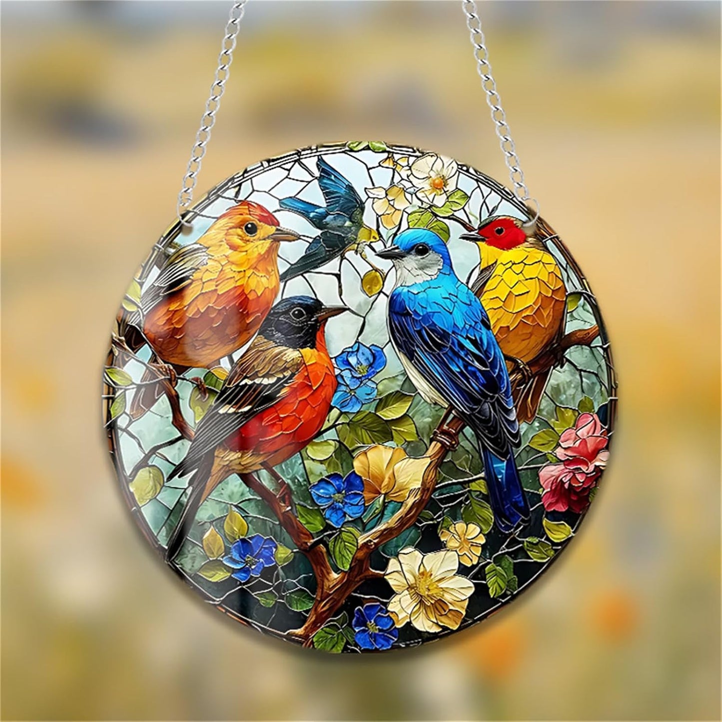 Sparrow Stained Suncatchers for Windows Birds on a Branch Flowers Natural Scenery Hanging Acrylic Panels, Bedroom Garden Kitchen Wall Art Decoration Gifts for Women Mom Grandma Teacher BST220
