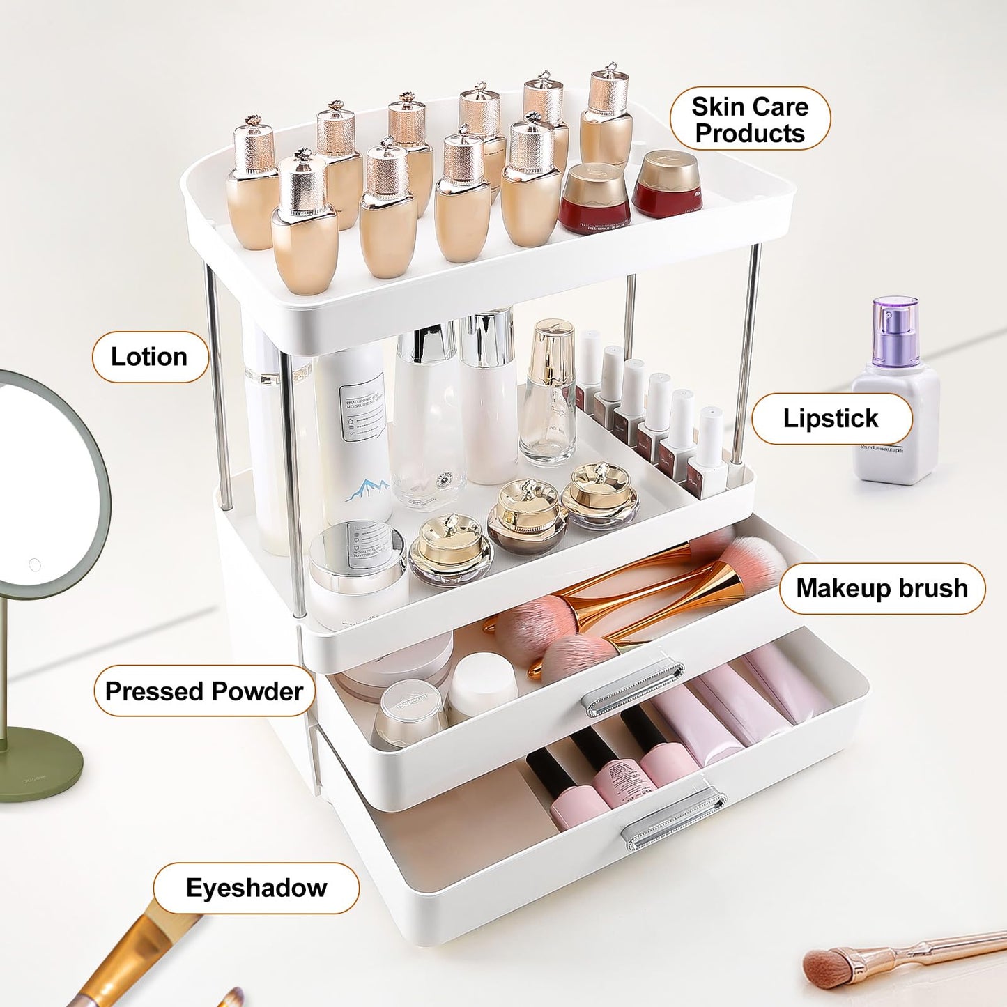 DASITON 4 Tiers Makeup Organizer, 2 Drawers Large Cosmetic Organizers for Vanity Bathroom Countertop, Bathroom Organizers and Storage for Skincare, Cosmetic, Perfume, Dresser Organizer (Cream+Clear) BST220