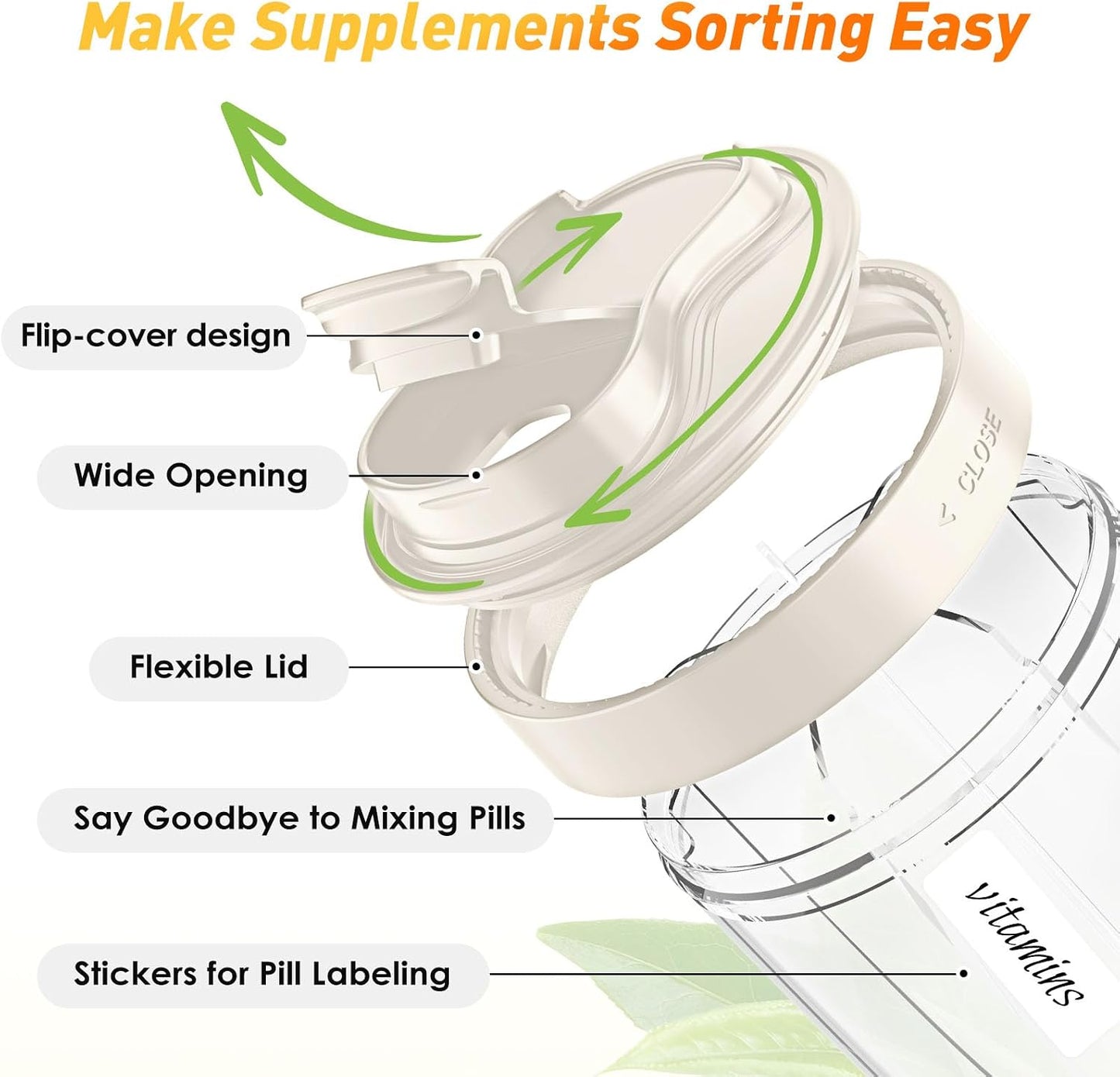 Pill Dispenser with 7 Large Compartments - Portable Pill Organizer for Travel, Anti-Mix Design & Wide Opening Design, Easy Access to Vitamin Dispenser, Includes 20 Blank Stickers (White) WN420