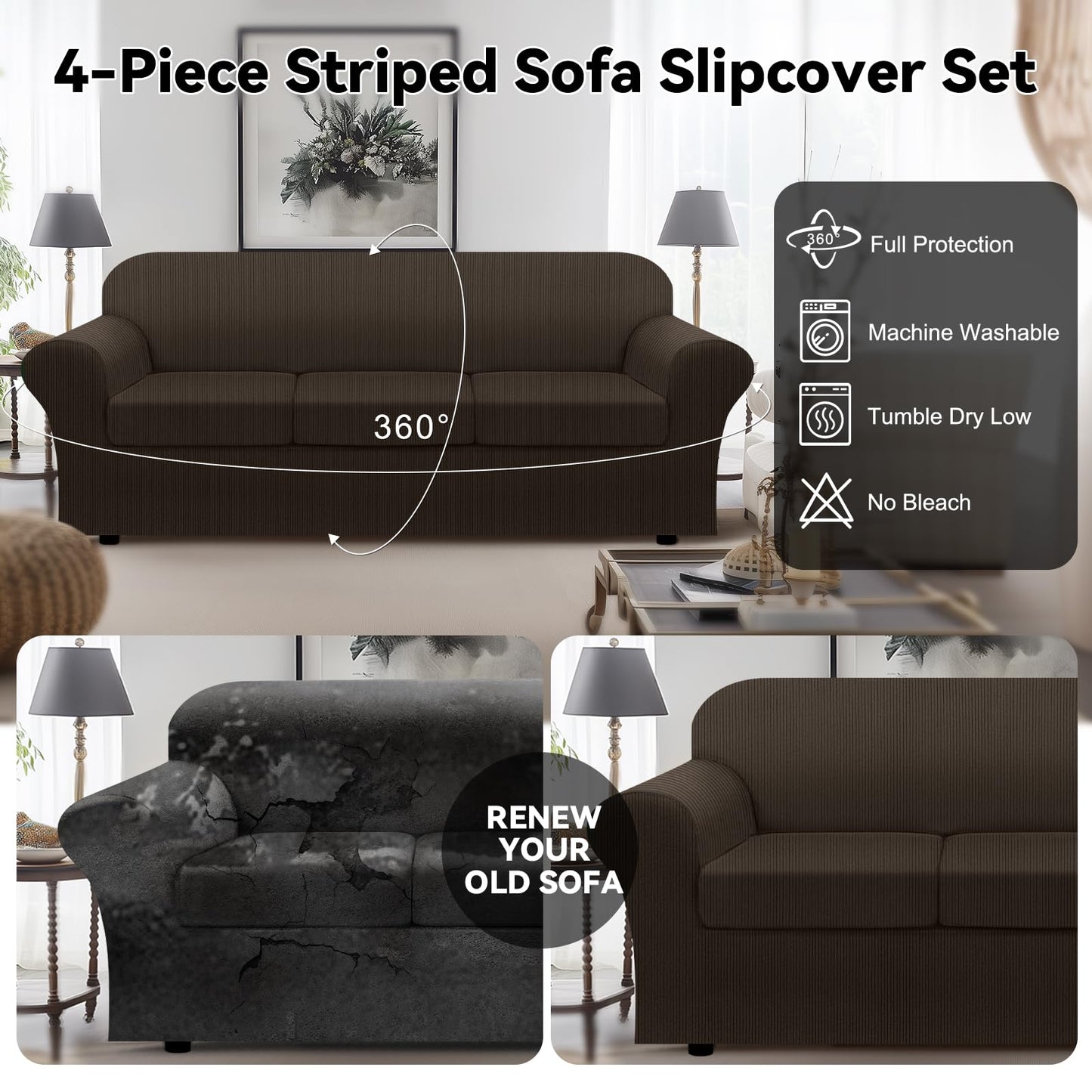 Waterproof Chair Cover with Arms 2-Piece Set Striped Slipcover for 1 Separate T Cushion Couch - TPU Fabric Armchair Covers Leakproof Couch Protector for Kids, Pets(Chair, Beige) BST220