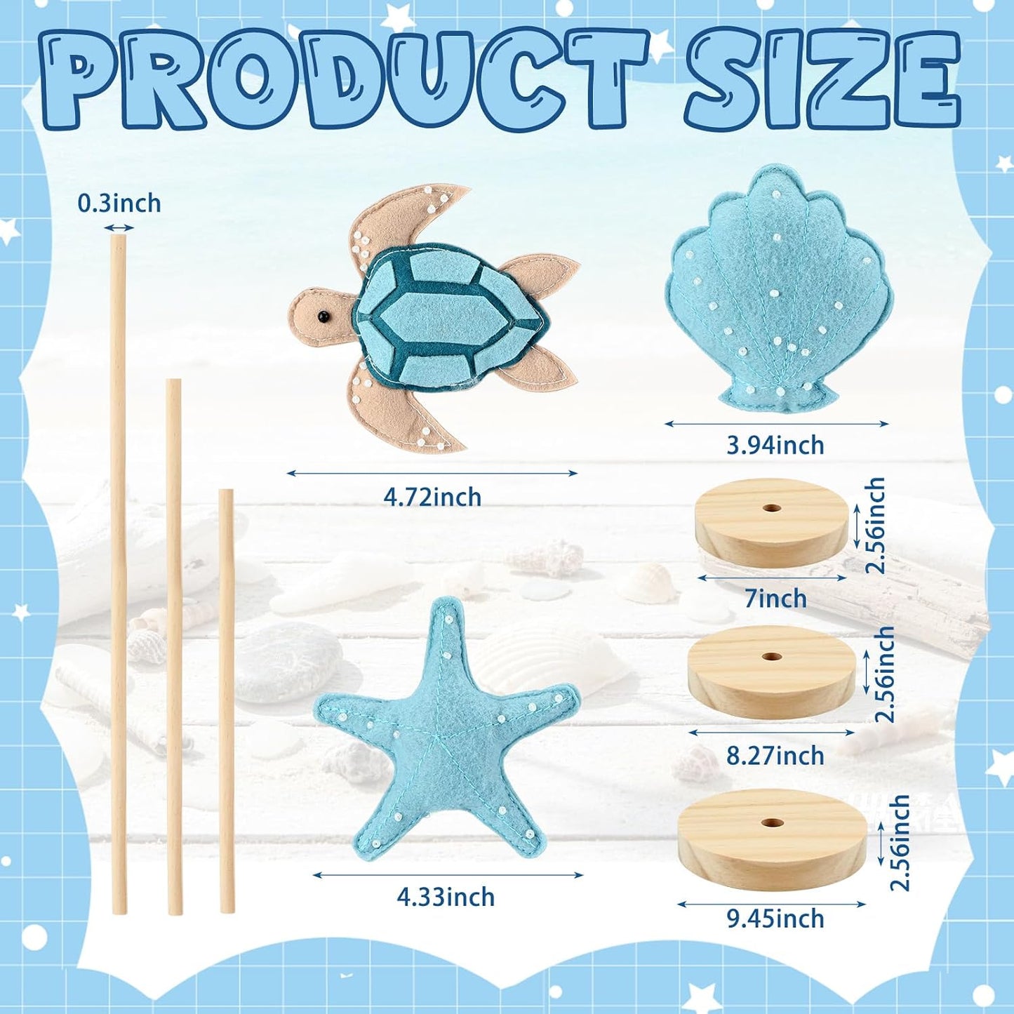 Yousoontic 3 Pcs Coastal Beach Ocean Nautical Table Decor - Felt Turtle Starfish Shell Centerpieces, Nautical Standing Wooden Home Decor for Summer Holiday Kitchen BST202