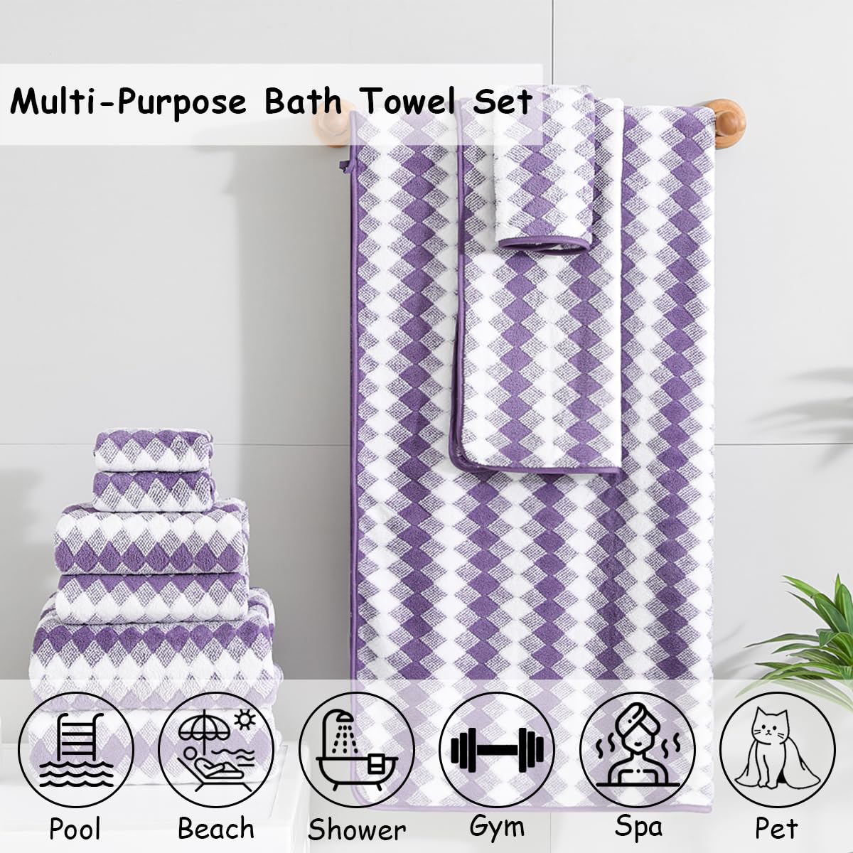 12 Pcs Light Gray Diamond Towel Set-4 Bath Towels,4 Hand Towels,4 Washcloths Soft Polyester Towels with Loop Absorbent Shower Towel Quick Dry Beach Chair Towel Family Towels for Bathroom Spa Gym Pool BST220