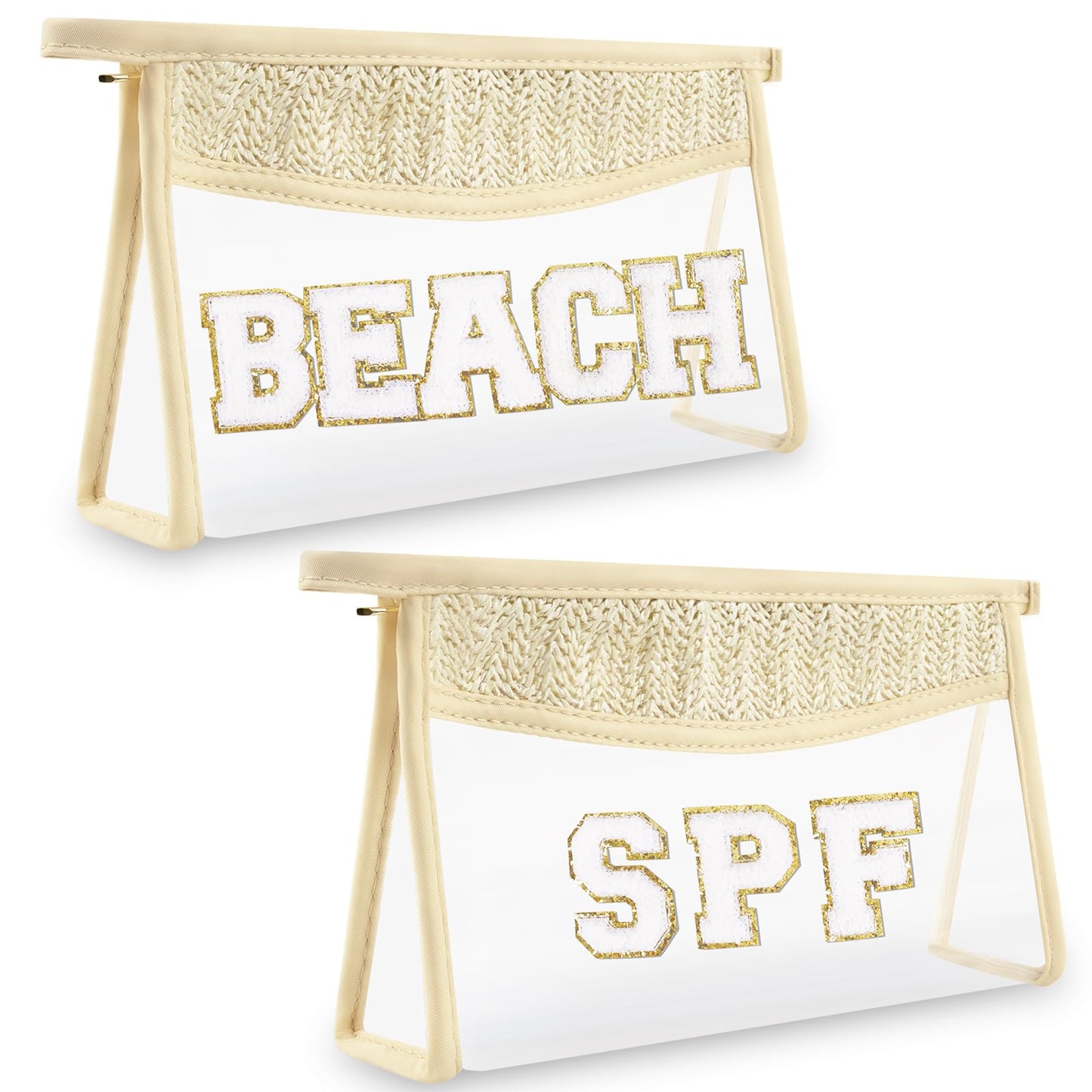 Boho Clear Makeup Bag Cosmetic Zipper Pouch Purse, Clear Toiletry Bags Travel Small Preppy Cute DIY Chenille Letter Bag, Transparent PVC Waterproof Clutch Make Up Organizer Storage Bag for Women Girls BST220