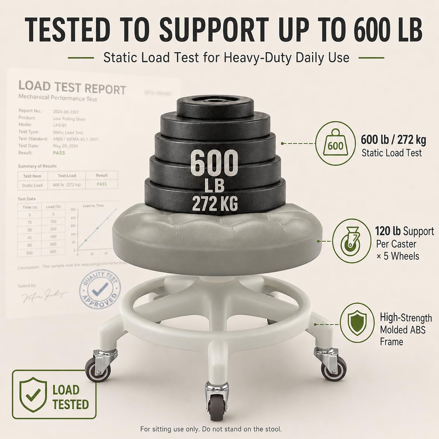 Low Rolling Stool with Smooth & Quiet Bearing Rubber Wheels, Heavy Duty 600 lb Capacity Mechanics Rolling Seat for Garage, Salon, Cleaning & Auto Repair, Black Seat with Black Frame WN420