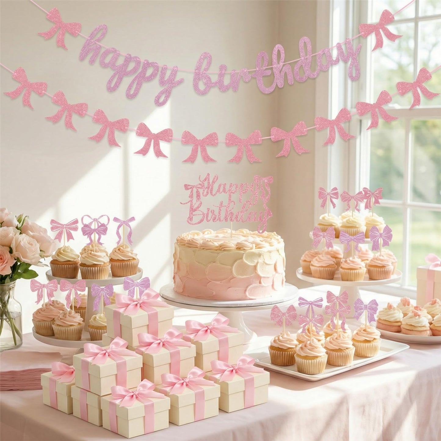33Pcs Pink Bow Birthday Decorations Coquette Party Decorations with Happy Birthday Banner, Cake Topper, Bow Cake Decoration, Bowknot Cupcake Toppers for Bday Bridal Shower Bachelorette Valentine's Day BST220